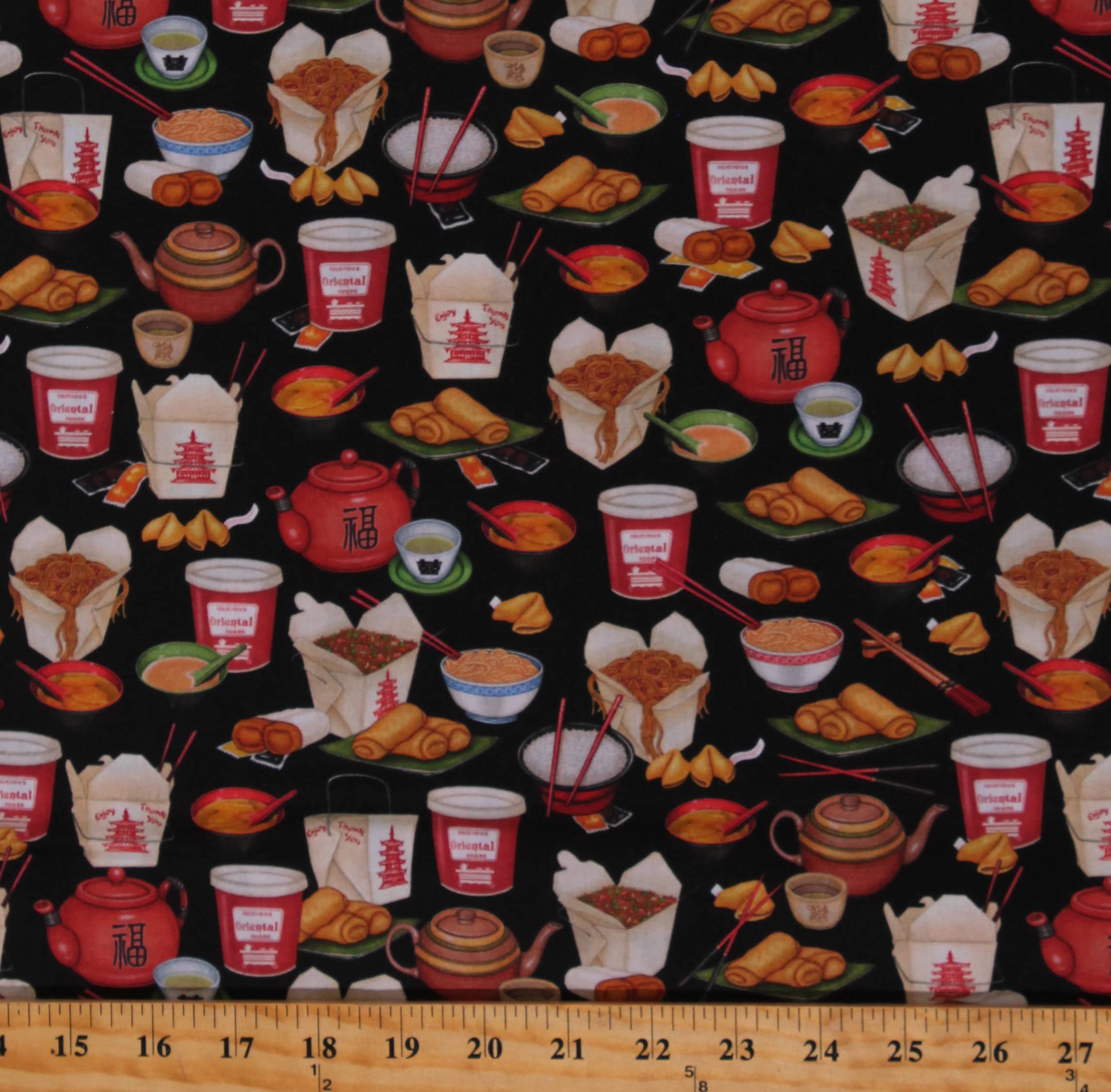 Premium Black Cotton Fabric Print by The Yard - Chinese Takeout Food Theme with Fried Rice, Egg Rolls & Fortune Cookies (D574.89) - Perfect for DIY Aprons, Table Runners & Asian-Themed Home Decor