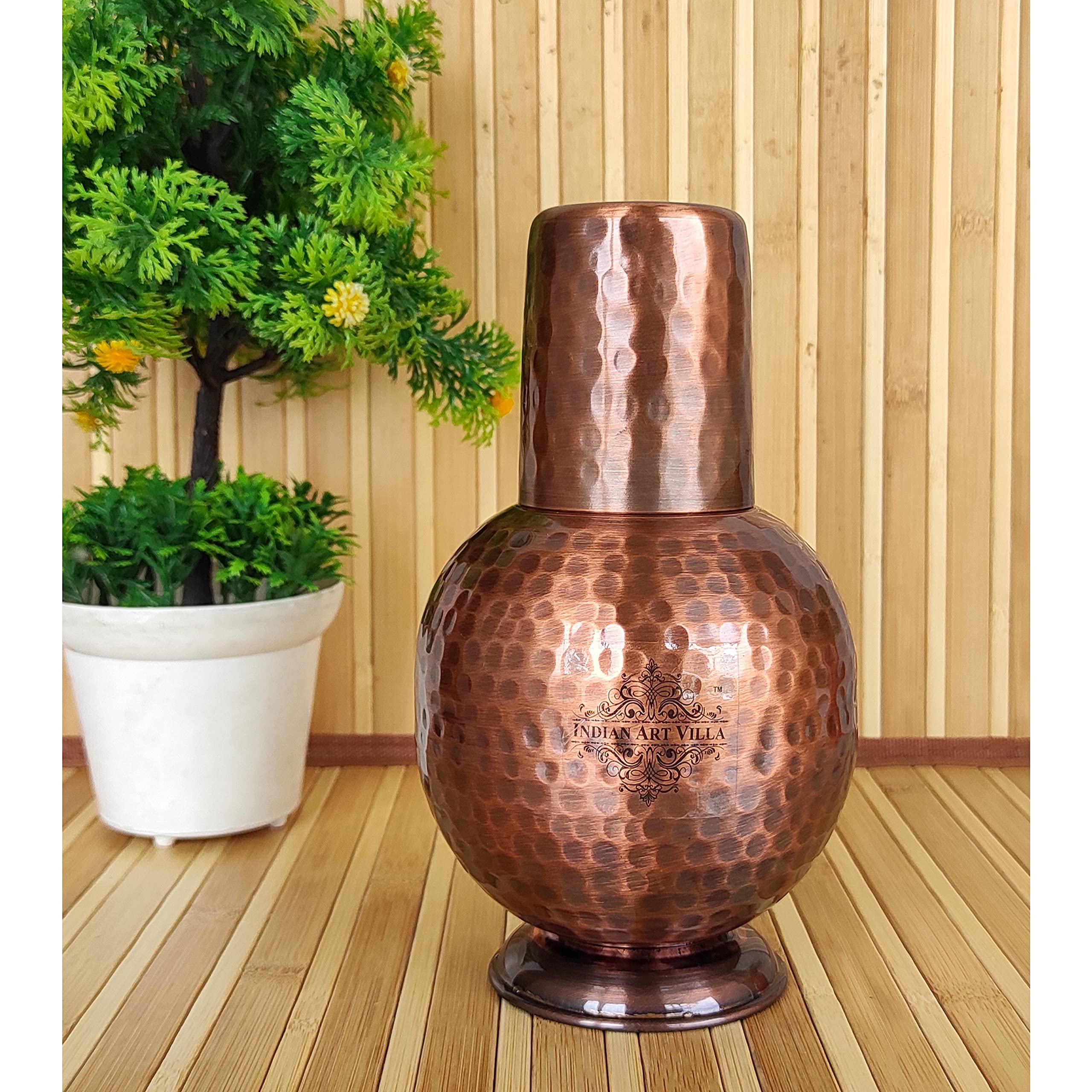 Pure Copper Water Bottle with Inbuilt Glass & Antique Surahi Design - 25oz (Pack of 2) | Indian Art Villa | Elegant Drinkware for Bedroom, Office & Travel | Ayurvedic Health Benefits