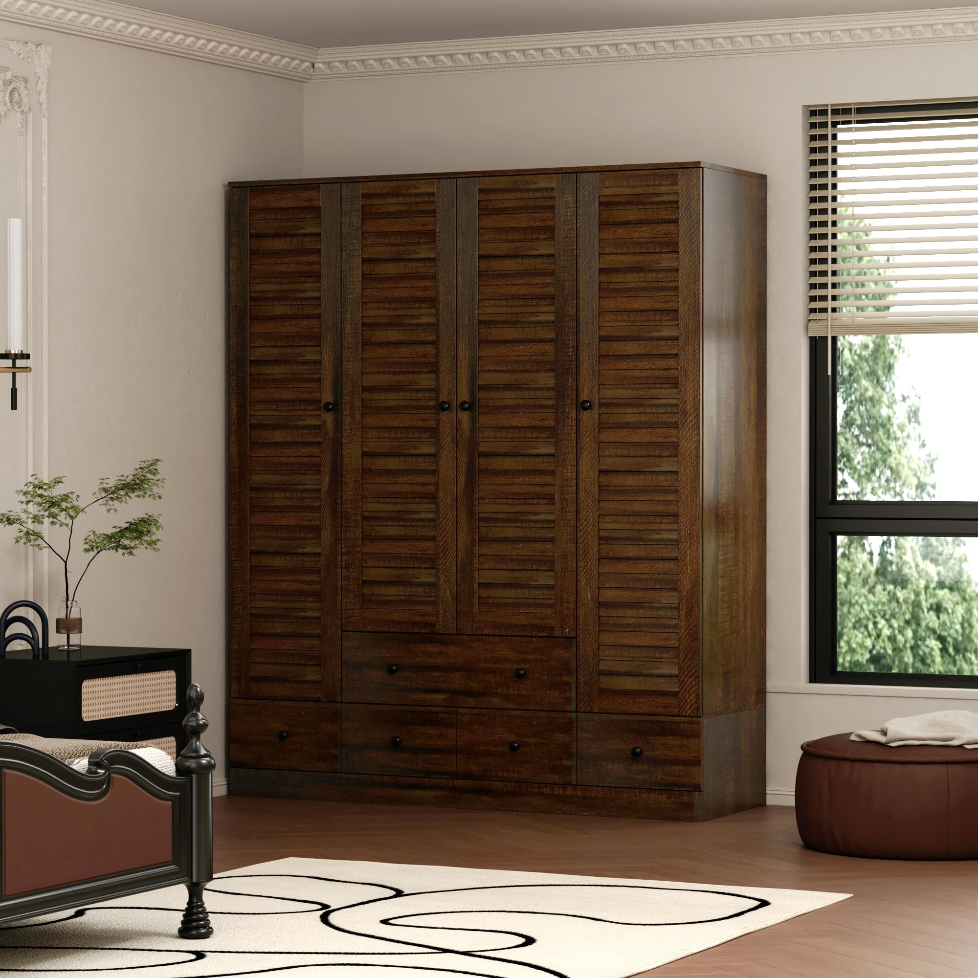 MOUMON 4-Door Wardrobe Closet with Shelves & 5 Drawers - Freestanding Armoire with 2 Hanging Rods for Bedroom, Living Room or Dorm - Espresso Brown (59
