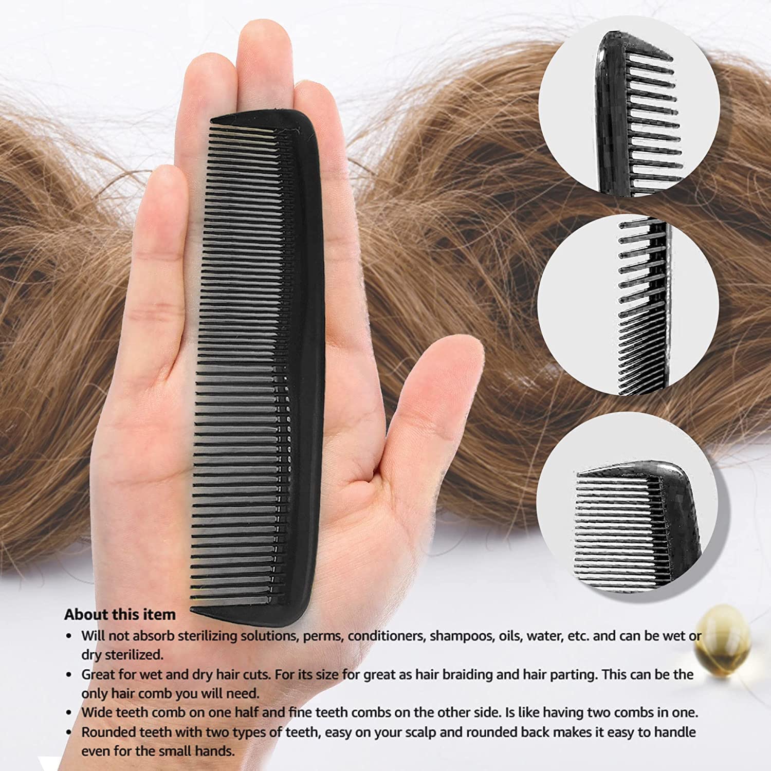 TASU 9 Inch Black Hair Comb - Pack of 4 Fine Plastic Combs for Women & Men - Styling Comb for Salon, Home & Travel (Black)