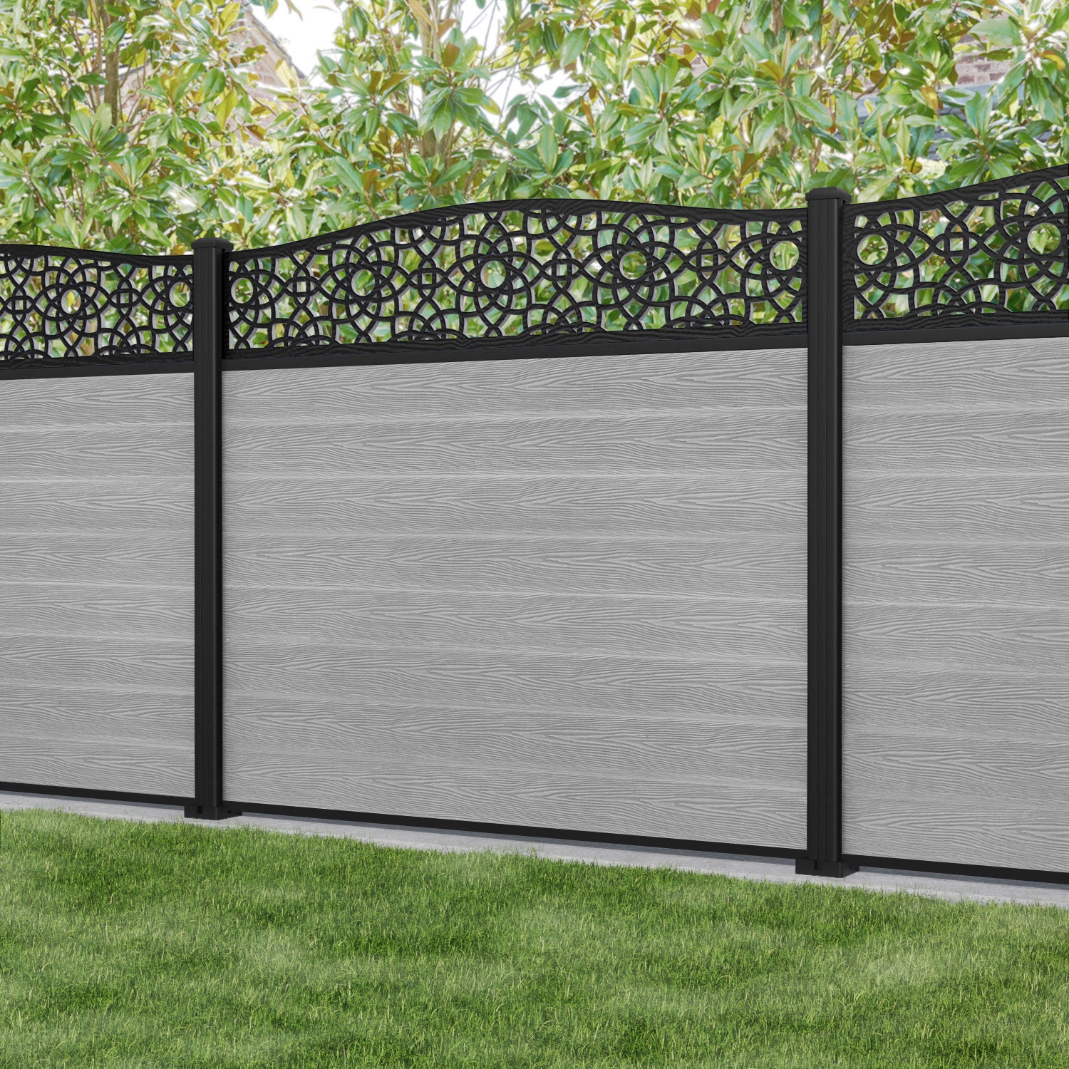 Classic Amber Curved Top Fence Panel - Light Grey Aluminum Privacy Fence with Sturdy Posts | Perfect for Backyard, Garden, and Pool Area Security