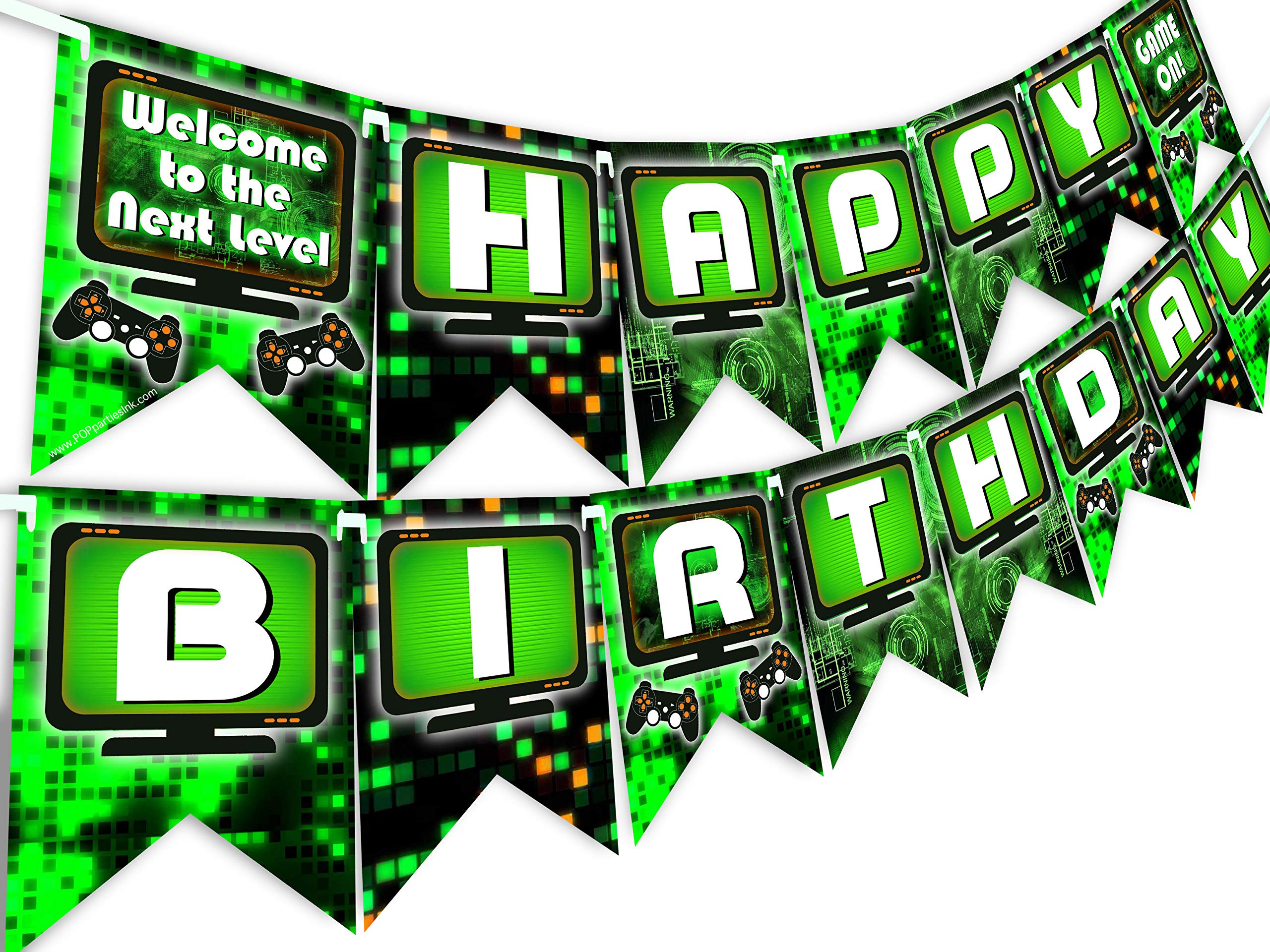 Happy Birthday Gaming Party Banner - Video Game Themed Party Supplies & Decorations for Game Truck Events - Green Gaming Decor for Kids & Adults Birthday Celebrations