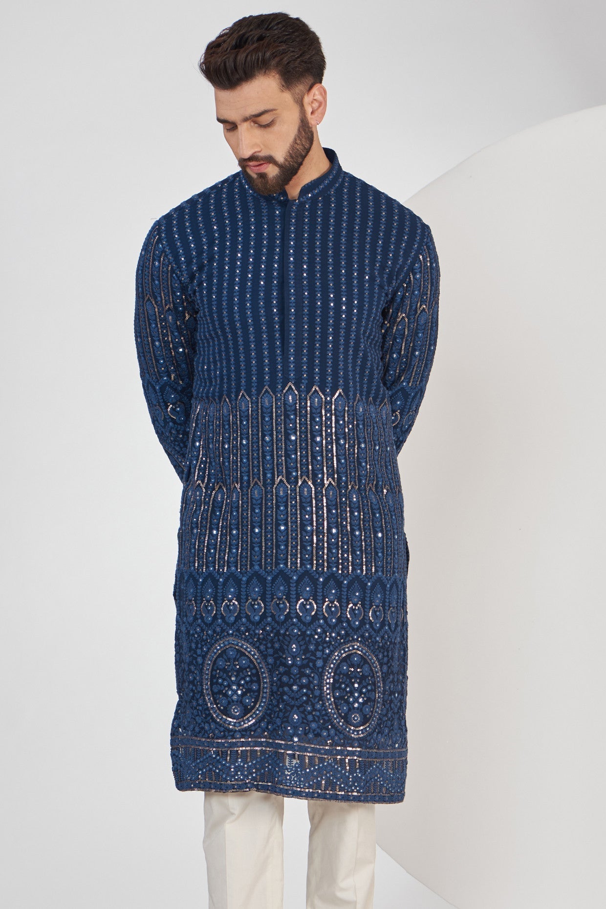 Navy Blue Embroidered Kurta for Men | Traditional Indian Tunic | Handcrafted Cotton Kurta for Festivals, Weddings & Casual Wear