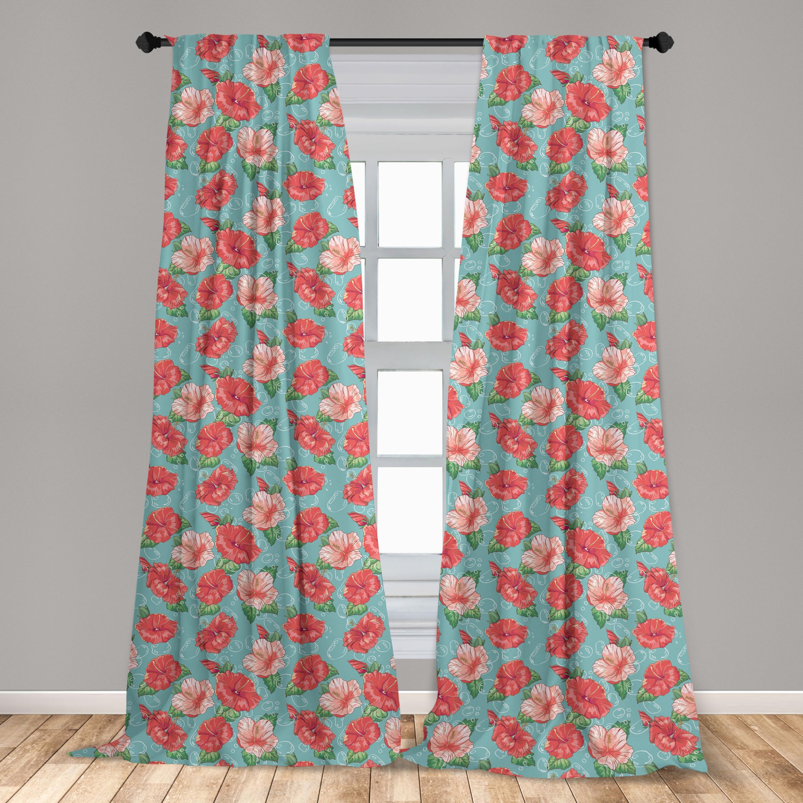 Ambesonne Hibiscus Window Curtains - Set of 2 Tropical Flower & Bubble Print Lightweight Panels with Rod Pocket, 28x95 Inches, Teal Coral - Perfect for Living Room, Bedroom & Beach House Decor