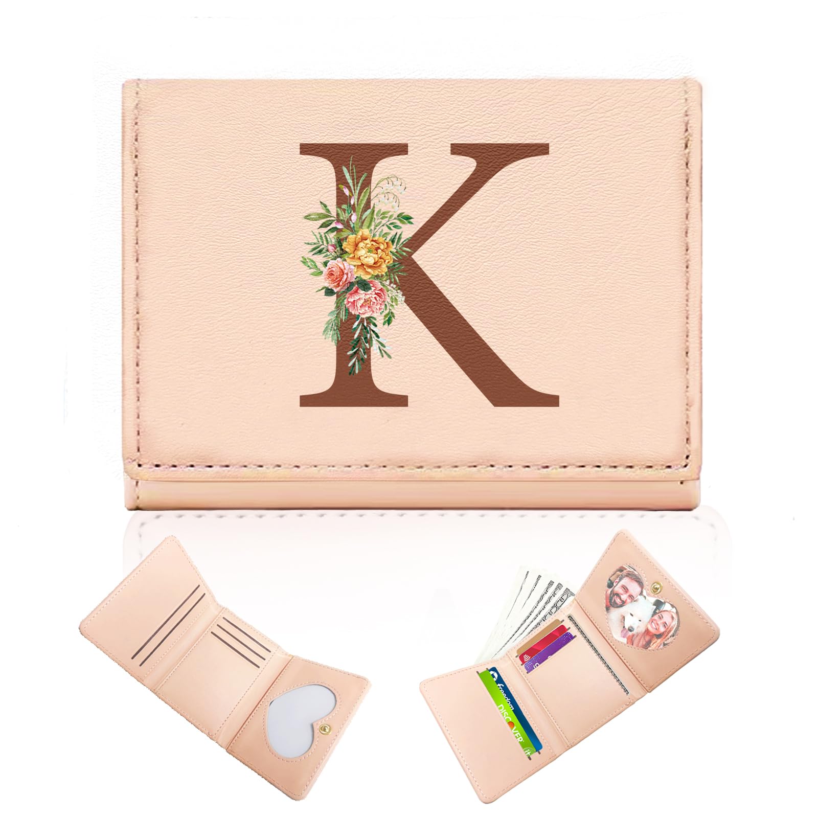 Stylish Pink Leather Trifold Wallet for Women & Girls - 7 Card Slots, Heart ID Window, Initial K - Perfect Gift for Sister, Friend, Birthday, Valentine's Day - Compact Front Pocket Wallet for Everyday Use, Travel & Shopping
