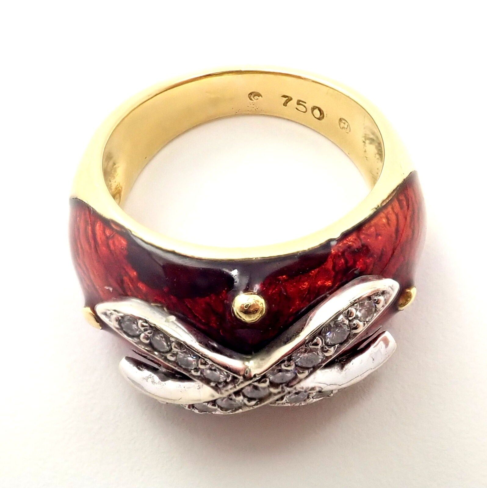 Authentic 18K Yellow Gold Red Enamel & Diamond Ring Size 5 - Elegant Hidalgo Jewelry for Weddings, Anniversaries & Special Occasions