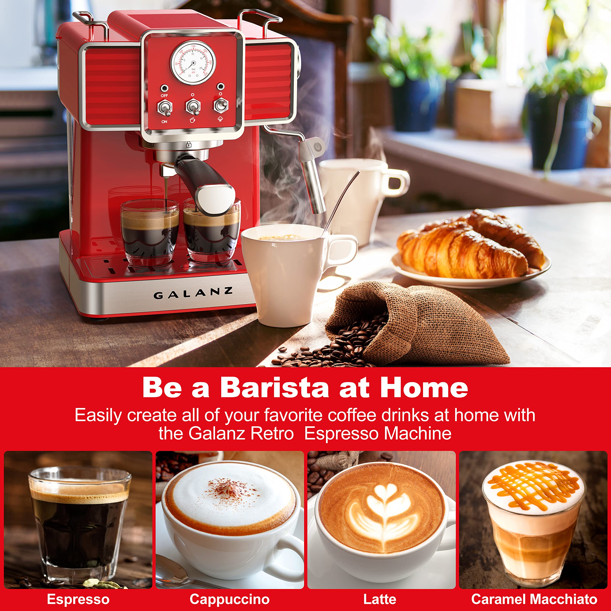 Galanz Retro Espresso Machine with Milk Frother - 15 Bar Pump Professional Cappuccino & Latte Maker, 1.5L Removable Water Tank, 1350W (Vintage Red) - Perfect for Home Coffee Bars, Office Break Rooms & Gift Giving