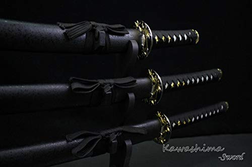 3PCS Hand-Forged 1045 Carbon Steel Samurai Sword Set with Bamboo Tsuba & Display Stand - Authentic Japanese Katana for Home Decor, Martial Arts Training, Cosplay, and Collectors