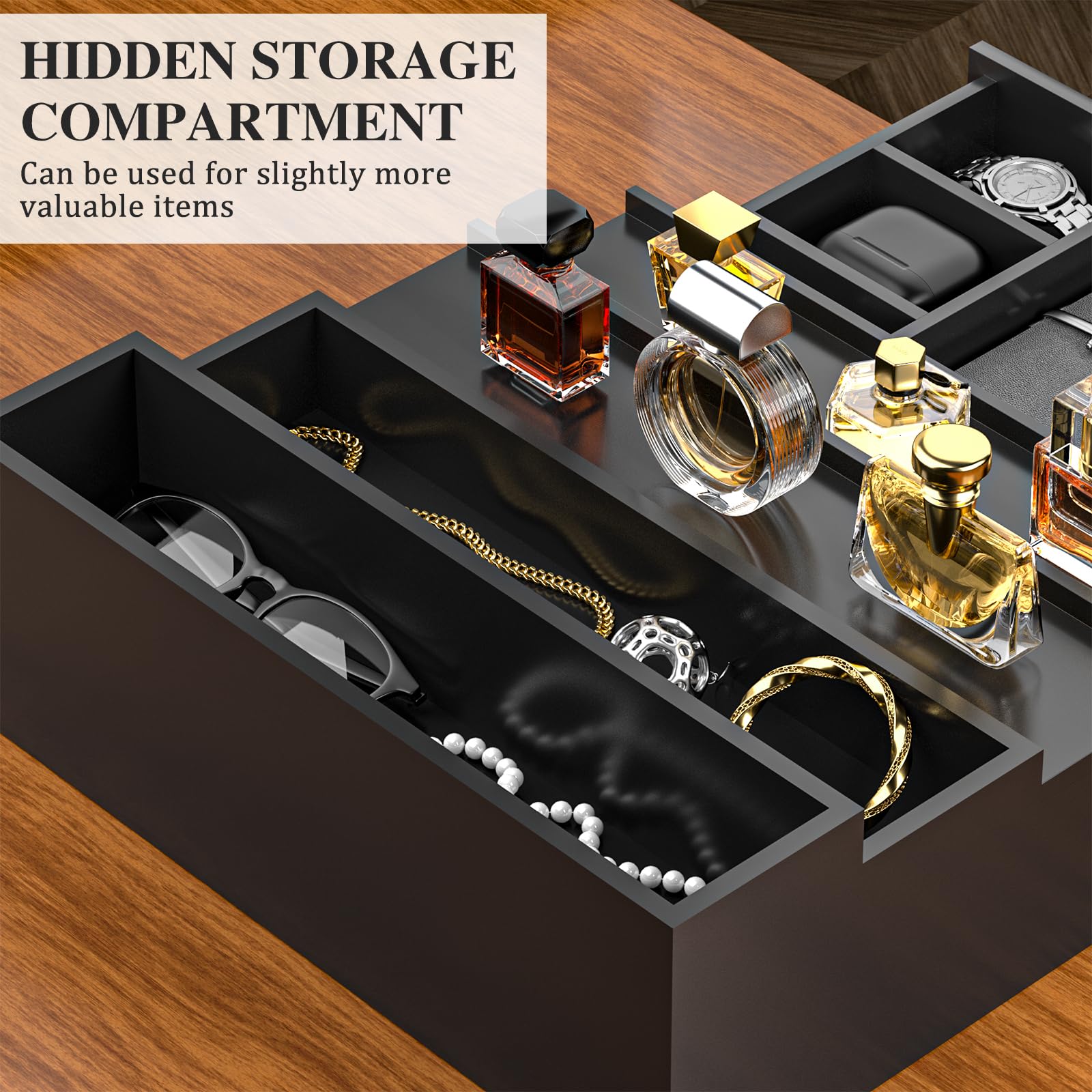 4-Tier Wooden Cologne Organizer for Men with Drawer Storage - Elevated Perfume Display Stand & Storage Riser - Perfect for Dresser, Bathroom, or Vanity - Great Gift Idea (Black)