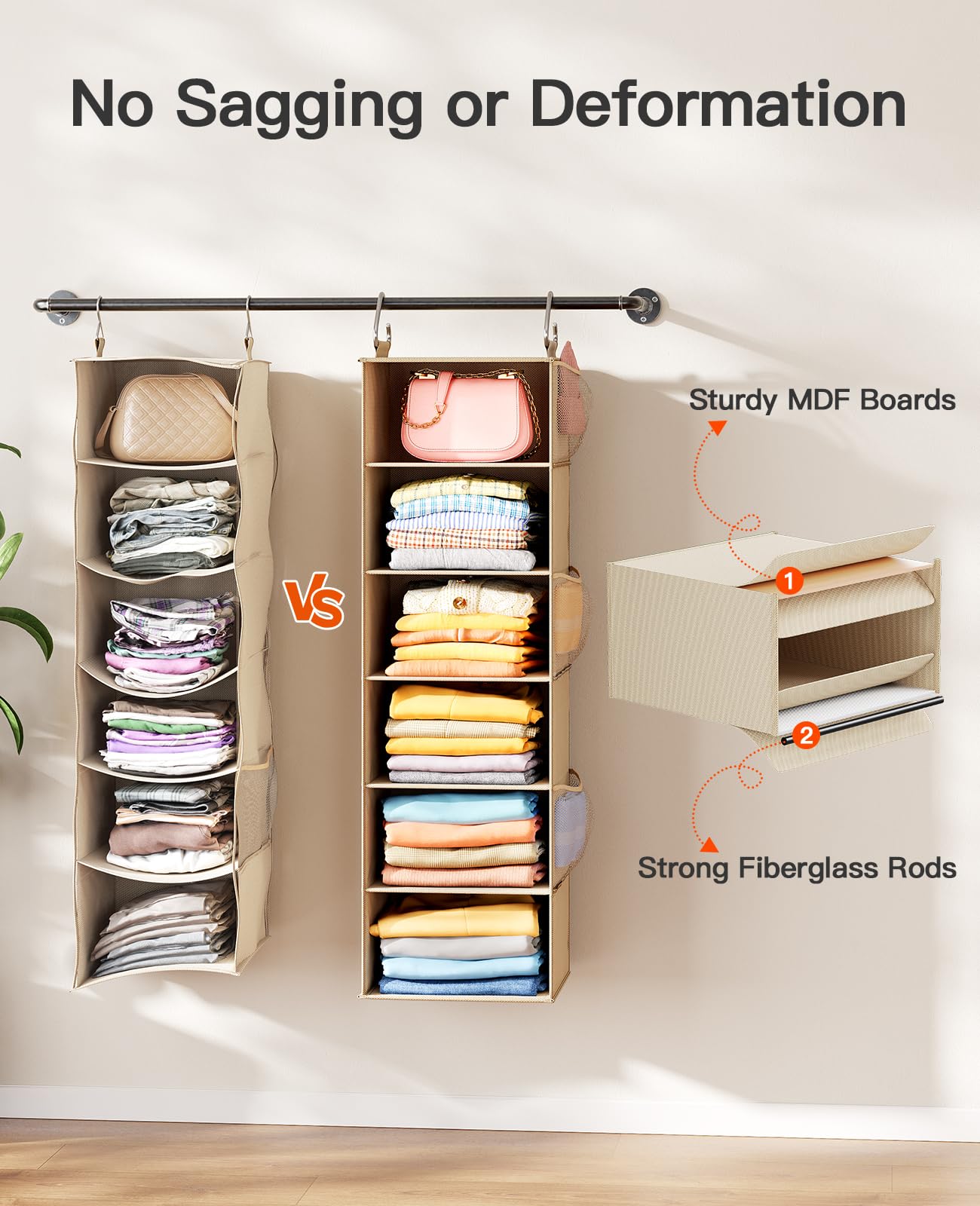 Pipishell 6-Shelf Hanging Closet Organizer with 3 Removable Drawers & Side Pockets - Space Saving Storage for Clothes, Shoes & Accessories - Perfect for Bedroom, Closet or Garment Rack (12