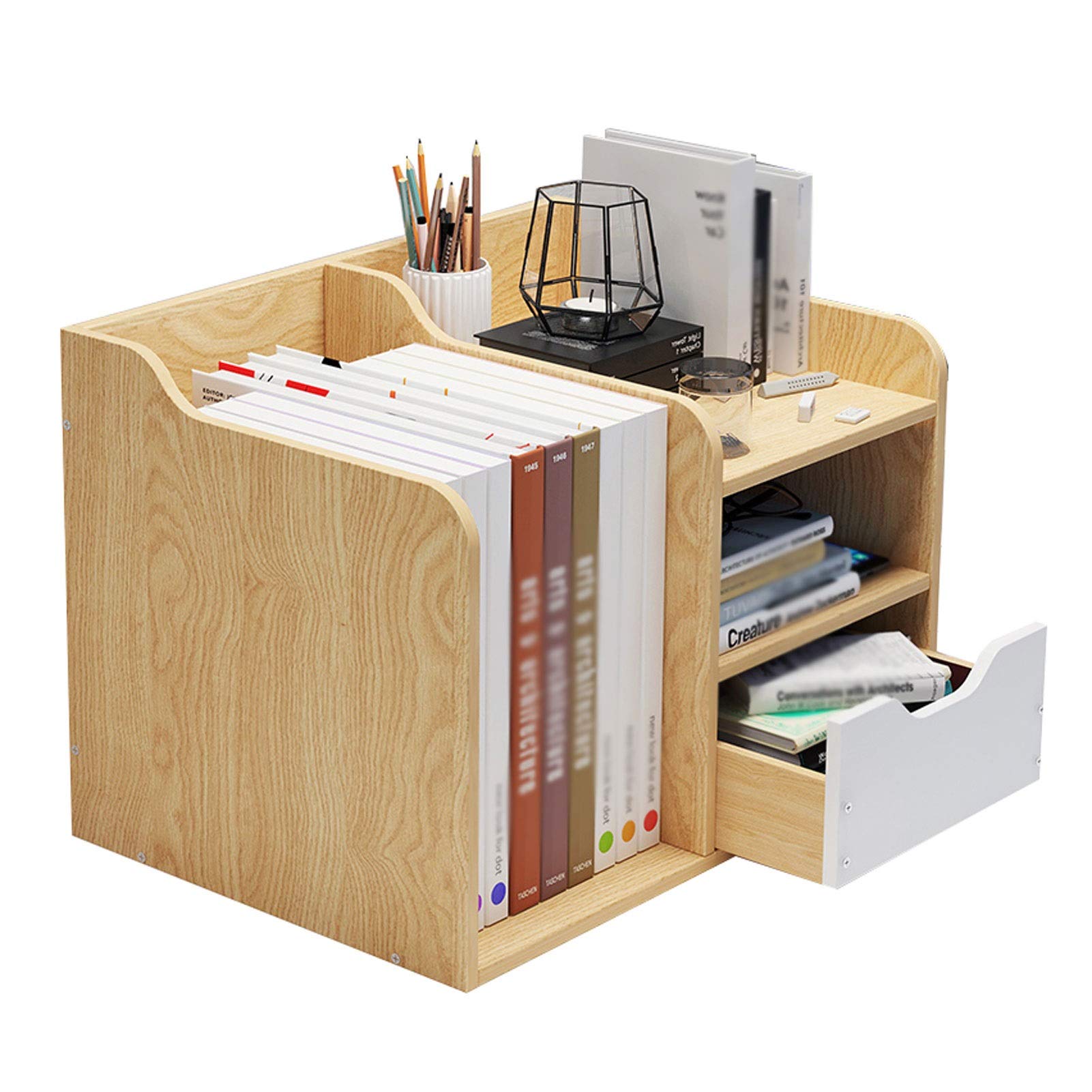 Modern Desktop Bookshelf - Office & Bedroom Storage Rack with Drawers, Small Bookcase for Students | Space-Saving Books Display & Organization Solution for Home, Dorm, or Workspace