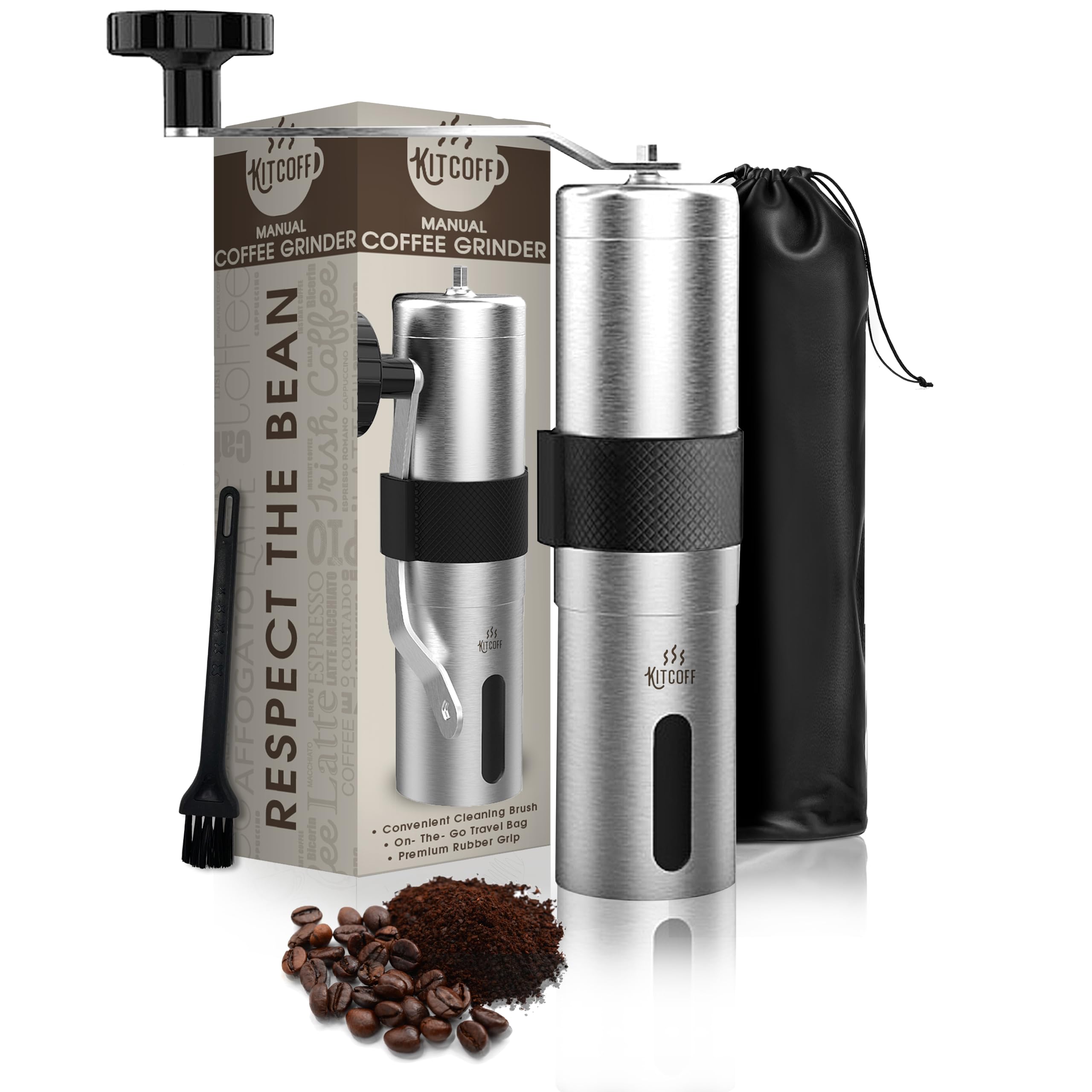 Premium Manual Coffee Grinder - Adjustable 18-Click Hand Crank Coffee Mill with Ceramic Burr, Stainless Steel Body & Ergonomic Handle - Portable for Travel, Camping & Home Brewing - Includes Cleaning Brush & Storage Pouch