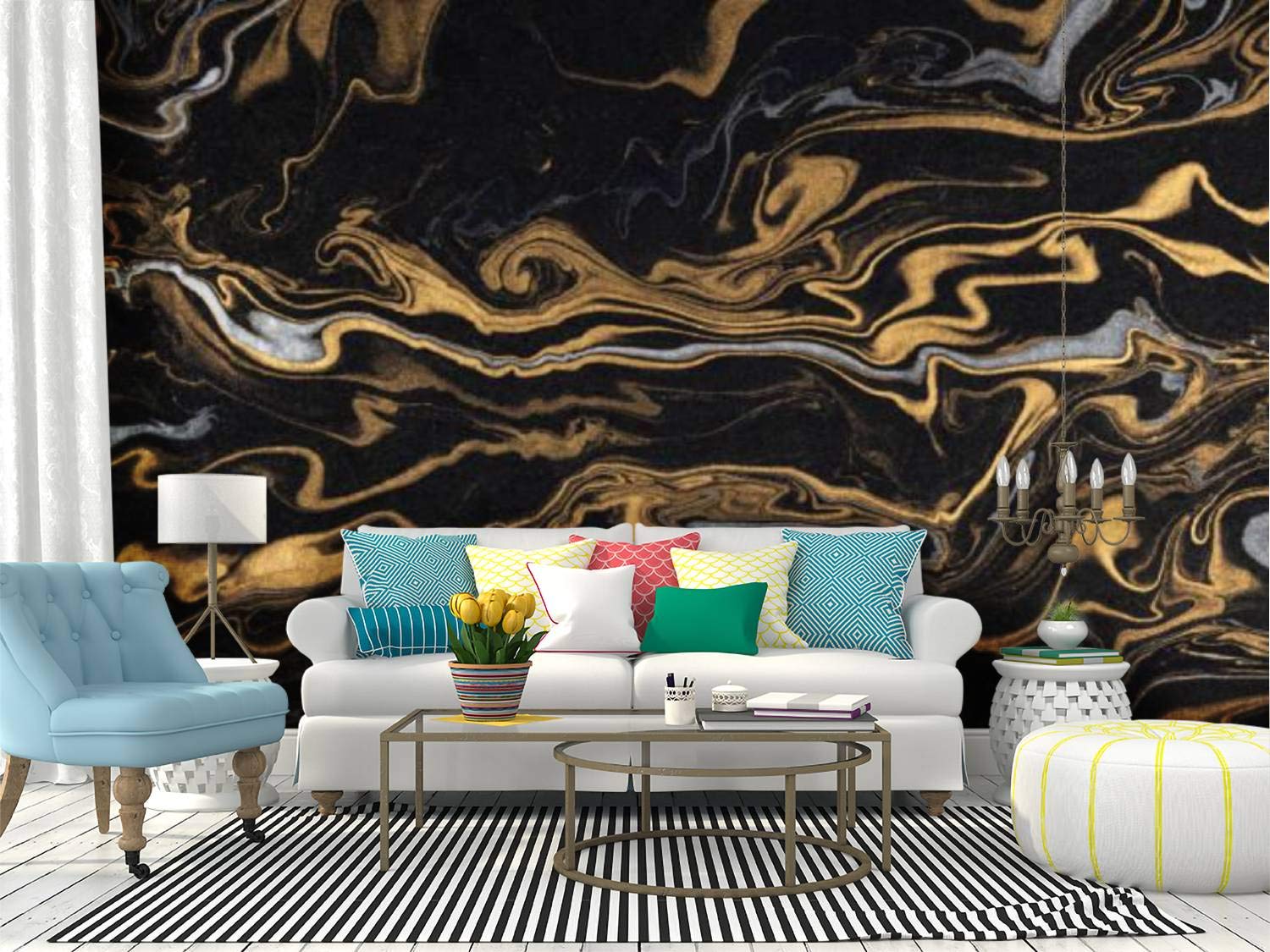 Peel and Stick Marble Ink Wallpaper - Black Silver Gold Self-Adhesive Vinyl Film Roll | Removable Wall Mural for Home Decor, Shelf Liner & Accent Walls