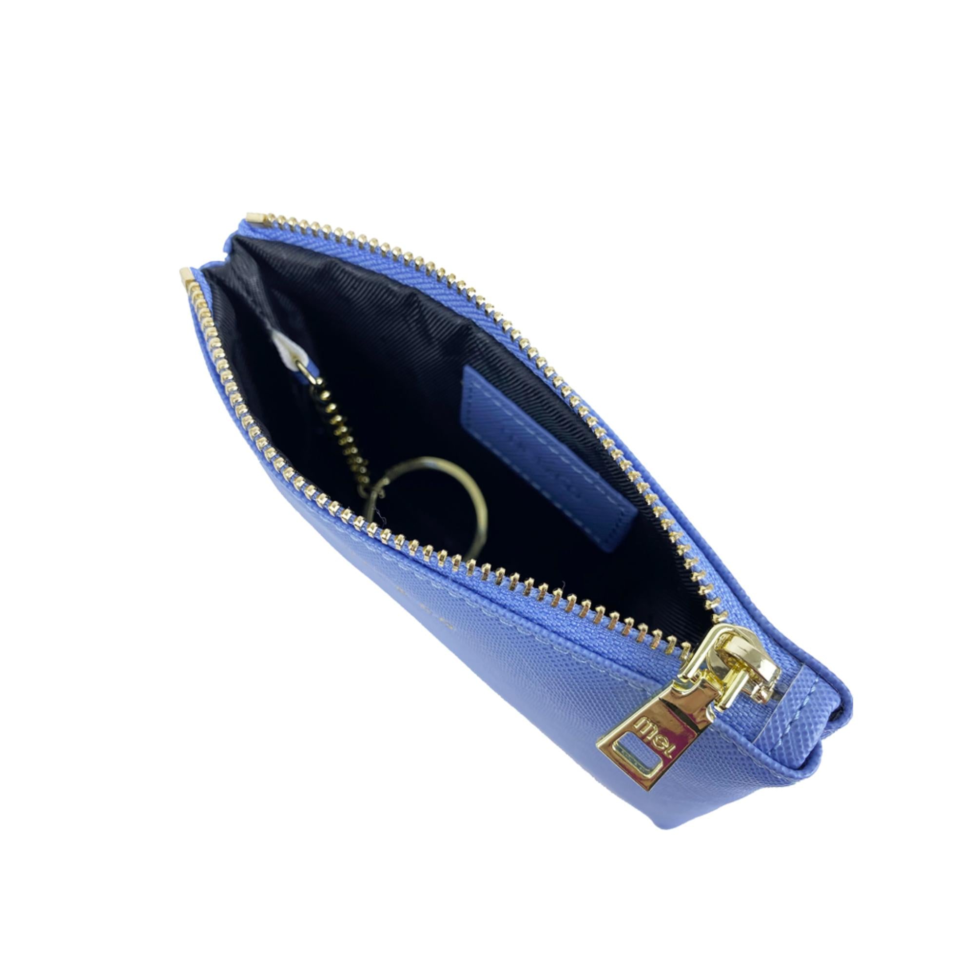 Mel&Co Saffiano Effect Coin Pouch with Keyring - Baby Blue Small Wallet for Women | Perfect for Keys, Coins & Cards | Everyday Essentials & Travel Accessories