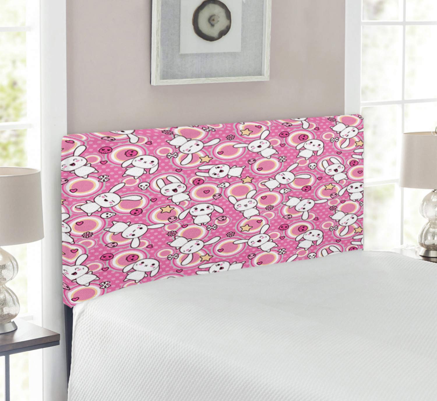 Ambesonne Anime Headboard - Funny Kawaii Rabbit Illustration with Humorous Bunnies Print | Upholstered Decorative Metal Bed Frame with Memory Foam | Twin Size in White & Pink | Perfect for Anime Lovers' Bedroom Decor & Teen Girls' Room Aesthetic