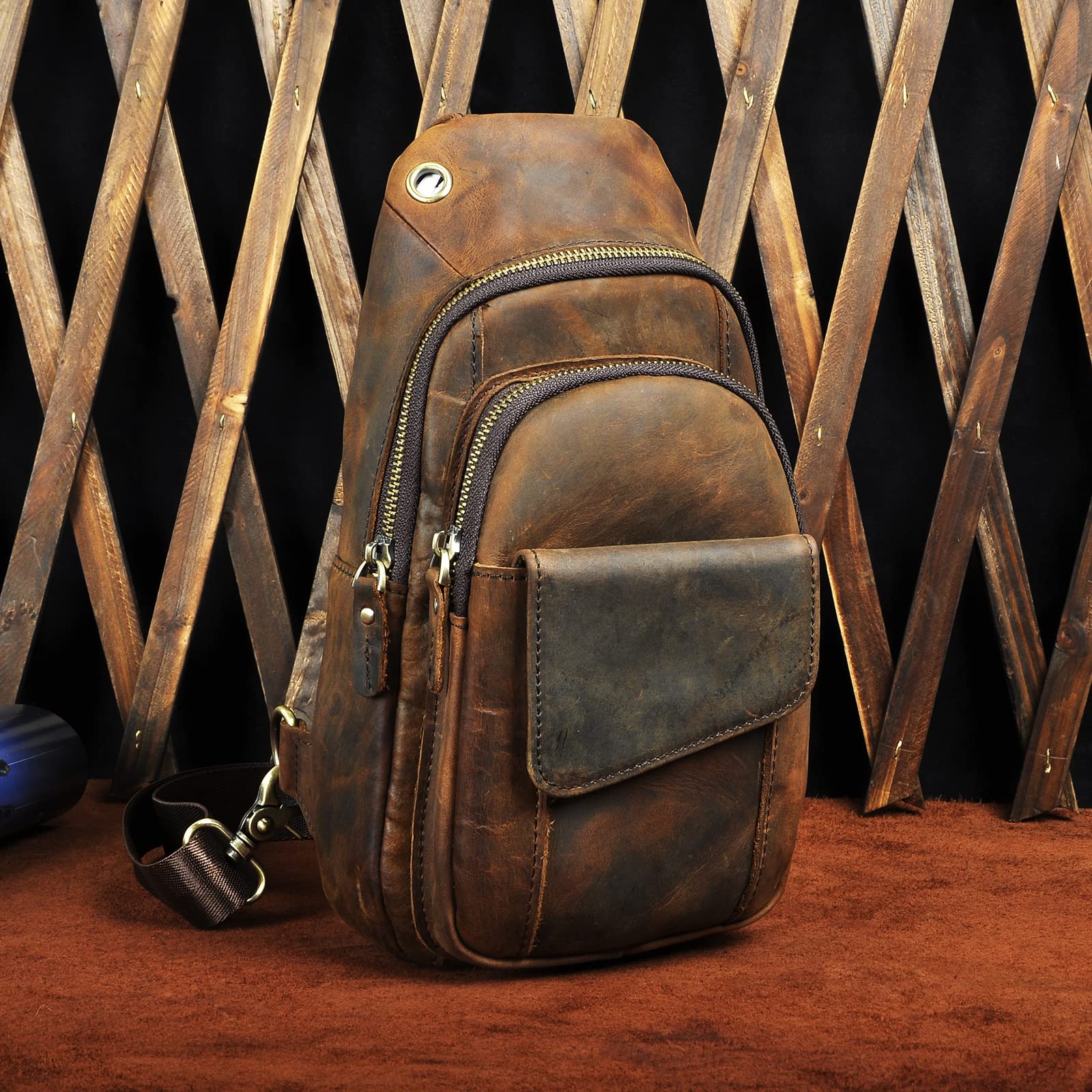 **Le'aokuu Men's Leather Crossbody Chest Sling Bag - Outdoor Hiking, Travel & Casual Use - Dark Brown (B 8013) - Perfect for Hiking, Daily Commute & Hands-Free Convenience**