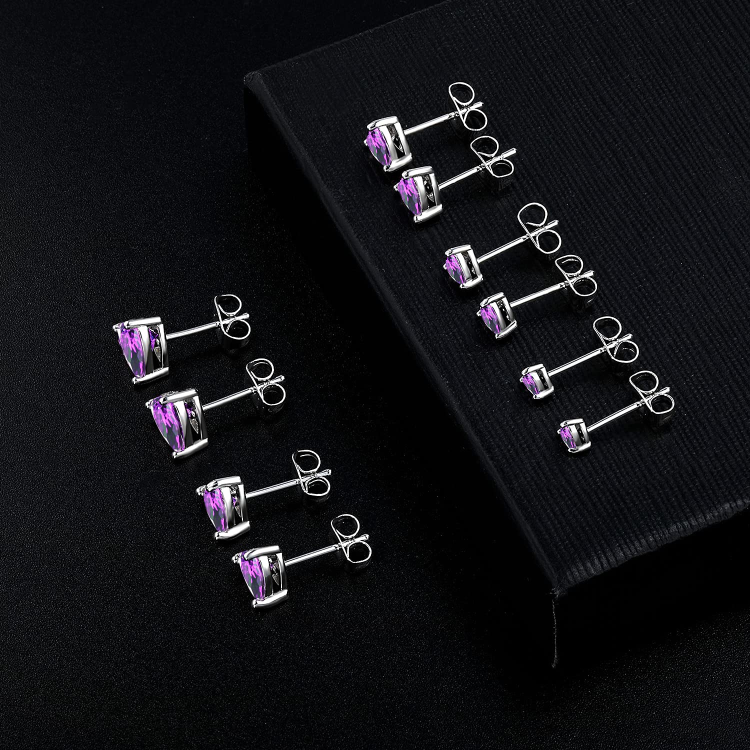 18K White Gold Plated Heart Shape Cubic Zirconia Stud Earrings - 5 Pairs Pack, Birthstone Collection | Perfect Gift for Valentine's Day, Anniversary & Special Occasions