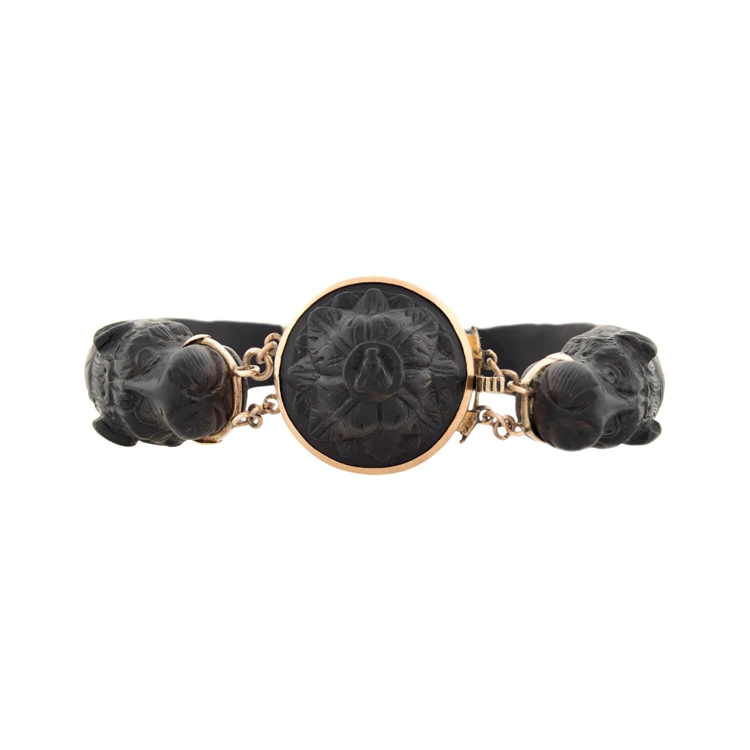 Victorian 14k Gold Gutta Percha Carved Lion Bracelet - Antique Jewelry for Women, Unique Handcrafted Vintage Bracelet - Perfect for Historical Reenactments, Themed Parties & Special Occasions