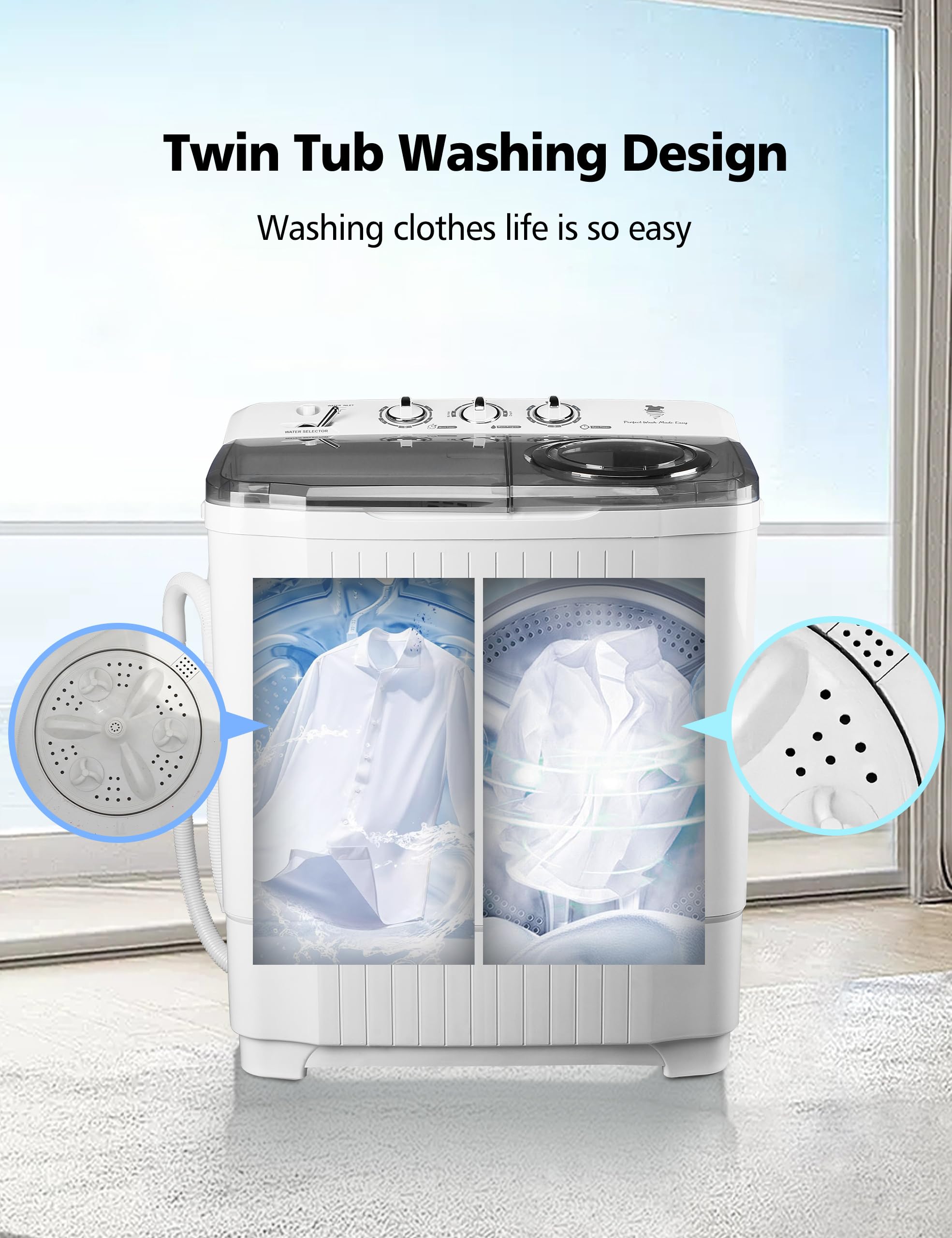 28Lbs Twin Tub Semi-Automatic Washing Machine with Drain Pump - Portable Laundry Washer & Spin Dryer for Home, Apartment, Dorm & RV Use - Perfect for Small Spaces, Camping & Off-Grid Living