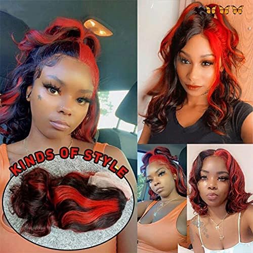 13x4 Transparent HD Lace Front Wig - Brazilian Human Hair with Pre-Plucked Remy Wine Red Ombre | 180% Density Middle Deep Parting | Red Highlight Body Wave Virgin Hair Wigs for Women | Perfect for Cosplay, Daily Wear & Special Occasions
