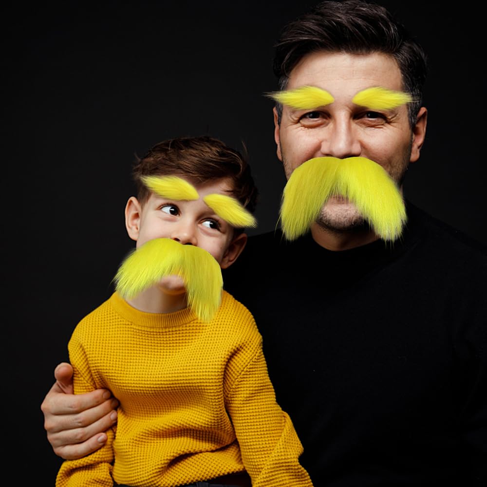TCOTBE 2-Piece Yellow Mustache & Eyebrow Set - Faux Beard Costume Accessories for Halloween, Cosplay & Festival Parties - Perfect for Halloween Costumes, Themed Events & Funny Photo Props