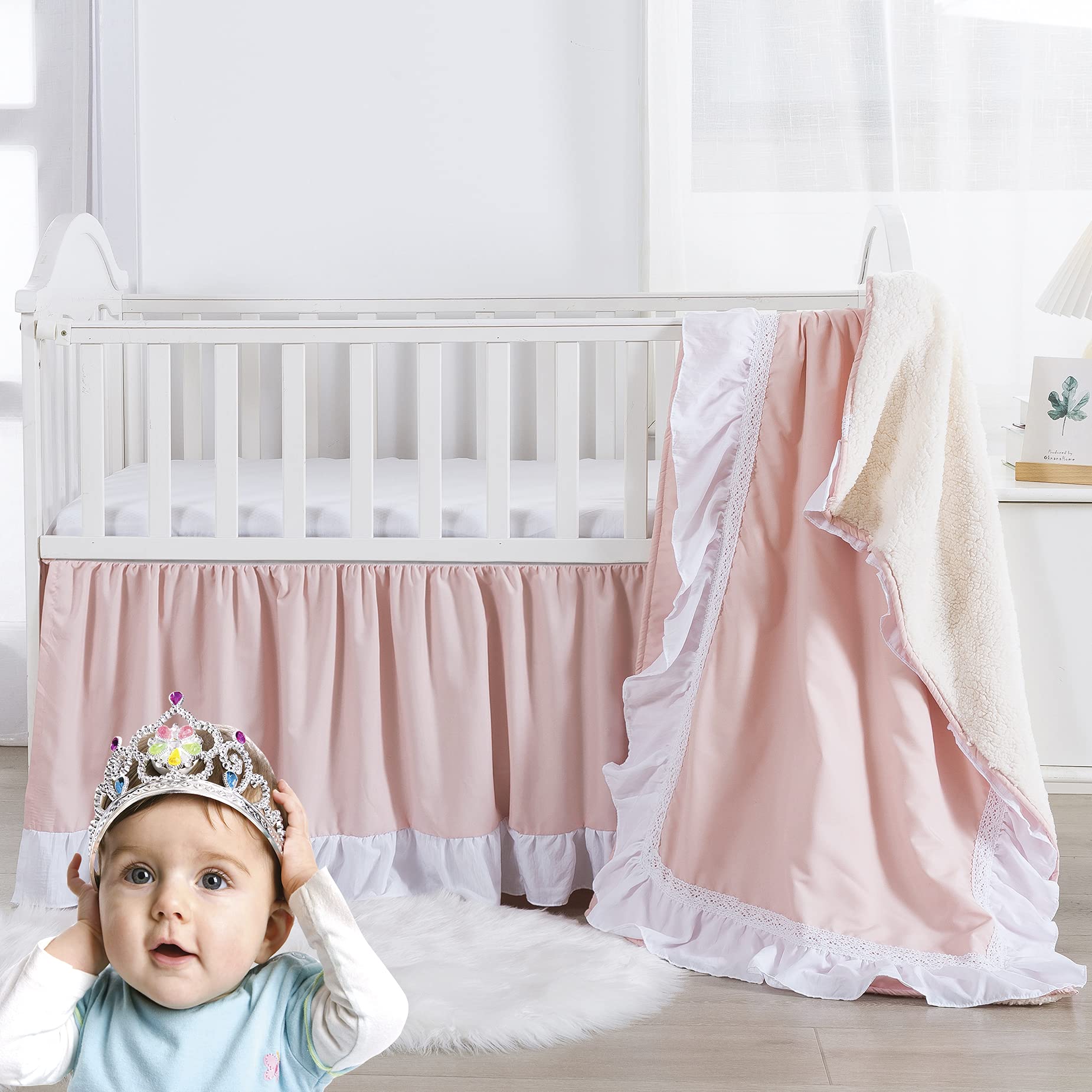 Brandream Pink Princess Ruffle Crib Bedding Set for Girls - 3 Piece Nursery Blanket, Fitted Sheet & Skirt | Perfect for Baby Showers, Nursery Decor & Toddler Bedrooms
