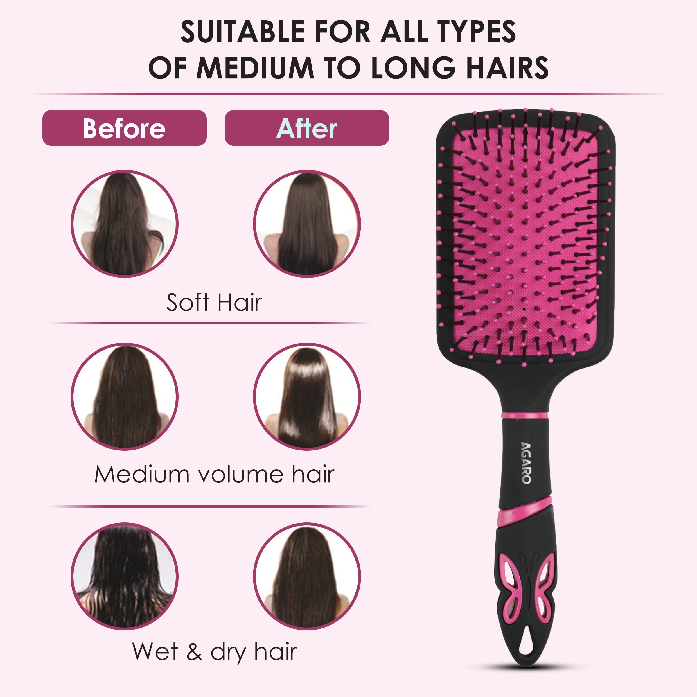 Agaro Delight Paddle Hair Brush with Anti-Static Nylon Bristles - Detangling & Smoothing Brush for Men & Women (Black/Pink) - Perfect for Daily Hair Care, Styling & Salon Use