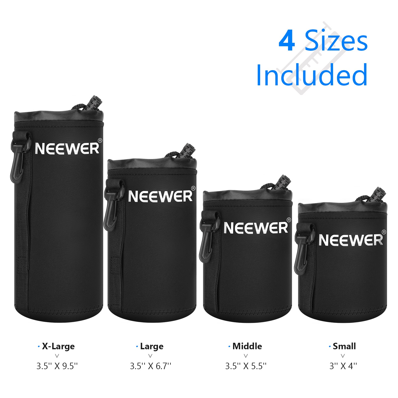 NEEWER 4 Pack Camera Lens Pouch Case - Waterproof Protective Storage Bag for DSLR SLR Lenses - Compact & Durable (Black) - Perfect for Travel, Photography & Outdoor Adventures
