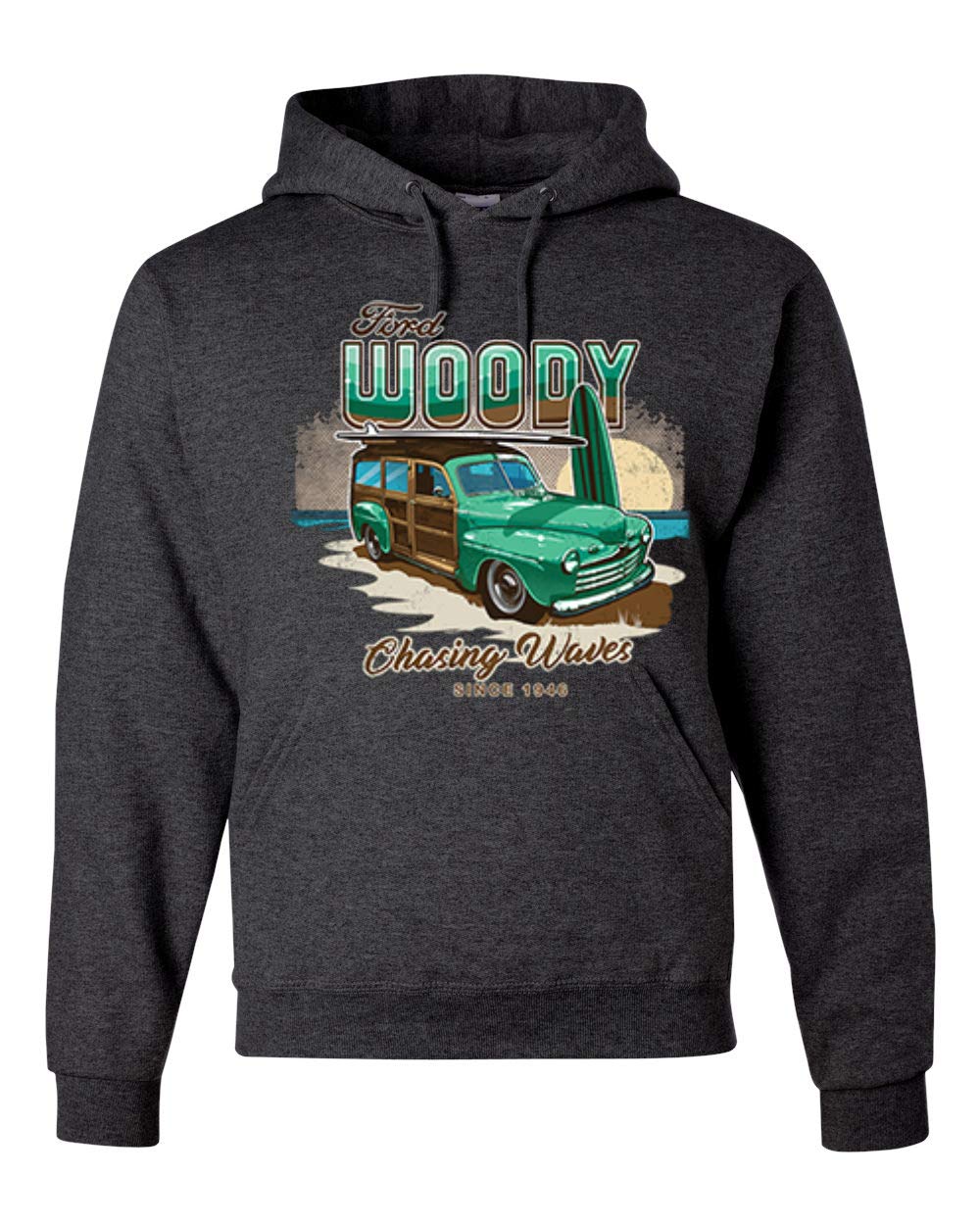Wild Bobby 1946 Vintage Ford Woody Chasing Waves Graphic Hoodie - Retro Cars & Trucks Unisex Sweatshirt for Men & Women - Perfect for Beach Outings, Car Enthusiast Gifts & Casual Streetwear