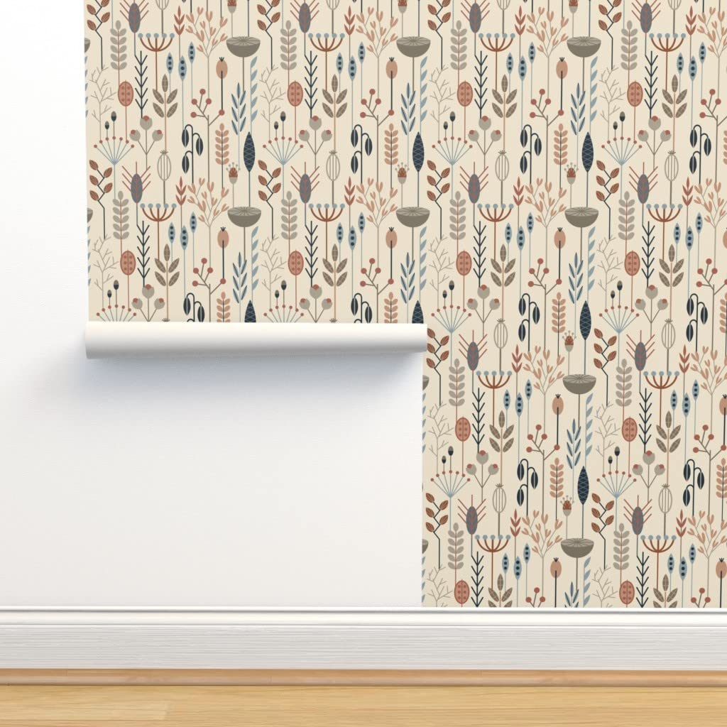 Premium Commercial Grade Wallpaper - 27ft x 2ft Blue Grass Leaves Design | Autumn Fall Botanical Pattern | Spoonflower Traditional Wallpaper for Living Room, Bedroom & Office Decor