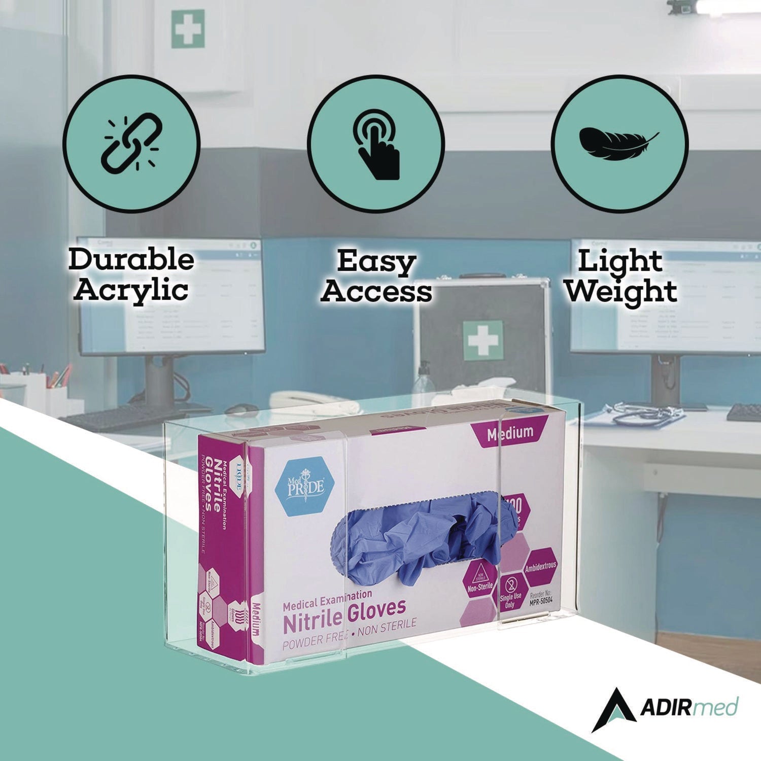 AdirMed Clear Acrylic Glove Dispenser Box - Holds 100 Gloves (10.2