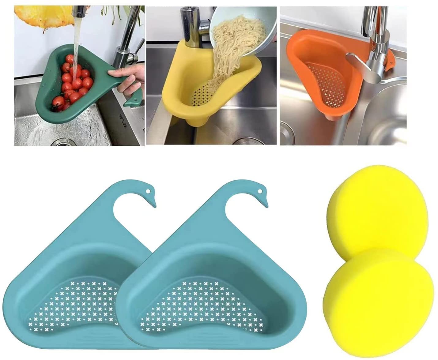 2-Pack Blue Swan Drain Basket Sink Strainer with Reusable Sponge - Easy to Install & Clean Corner Kitchen Sink Filter, Universal Fit Drain Rack for All Sinks | Perfect for Kitchen Corner Sinks, Dishwashing & Food Prep Areas