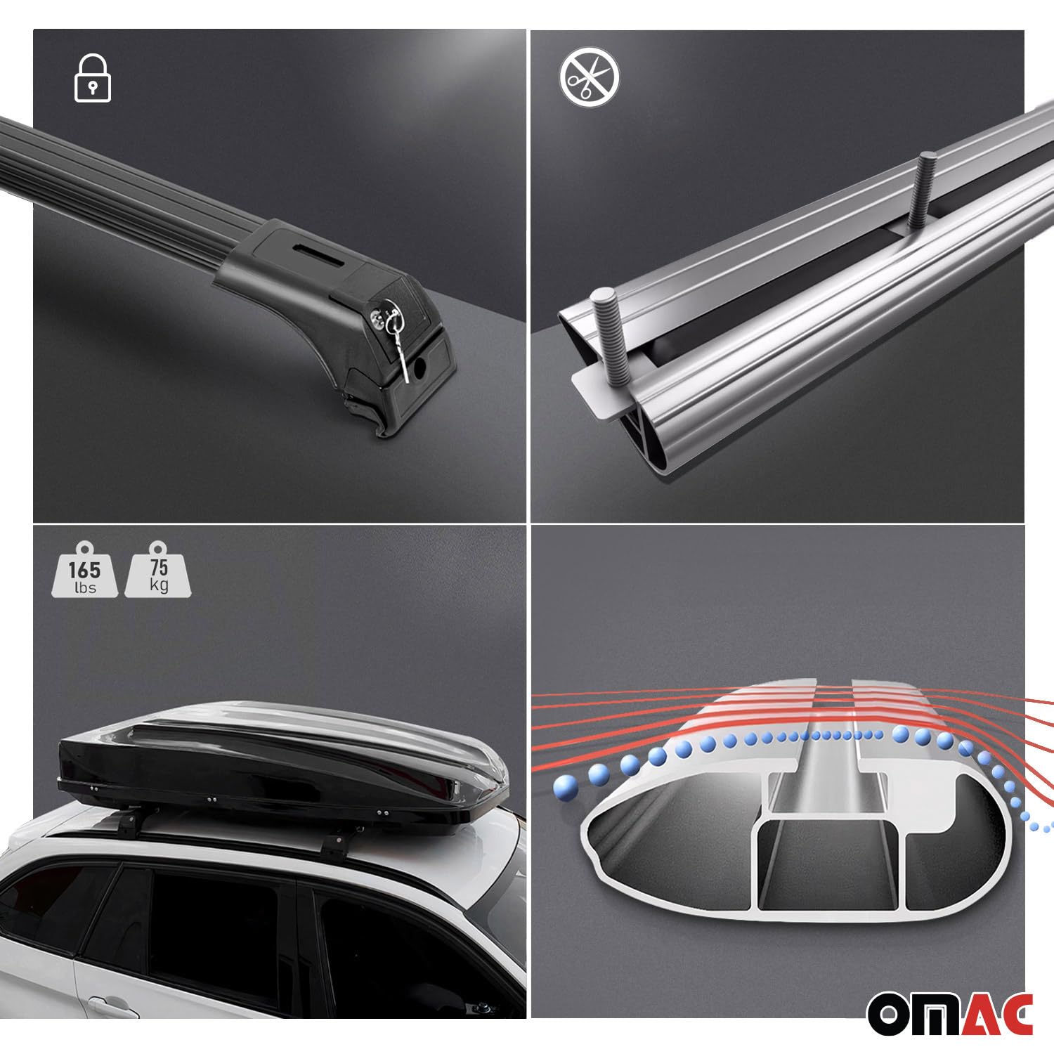 OMAC Aluminum Roof Rack Cross Bars for Kia Sorento 2016-2020 - 2-Piece Anti-Theft Cargo Carrier for Kayak, Canoe, Surfboard, Ski, Snowboard - Perfect for Travel, Camping & Outdoor Adventures