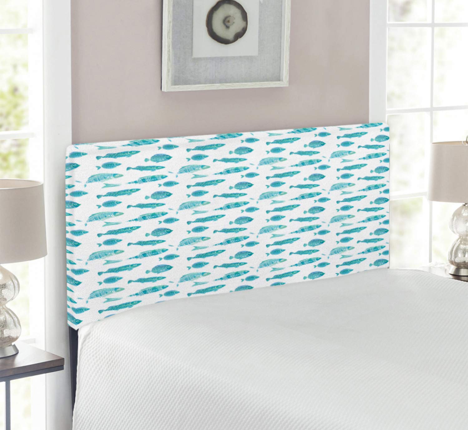 Ambesonne Twin Size Fish Headboard - Doodle Art Ocean Animal Silhouettes, Upholstered Metal Bed Frame with Memory Foam in Mint Green & White | Perfect for Kids' Rooms, Beach Themed Bedrooms & Underwater Decor