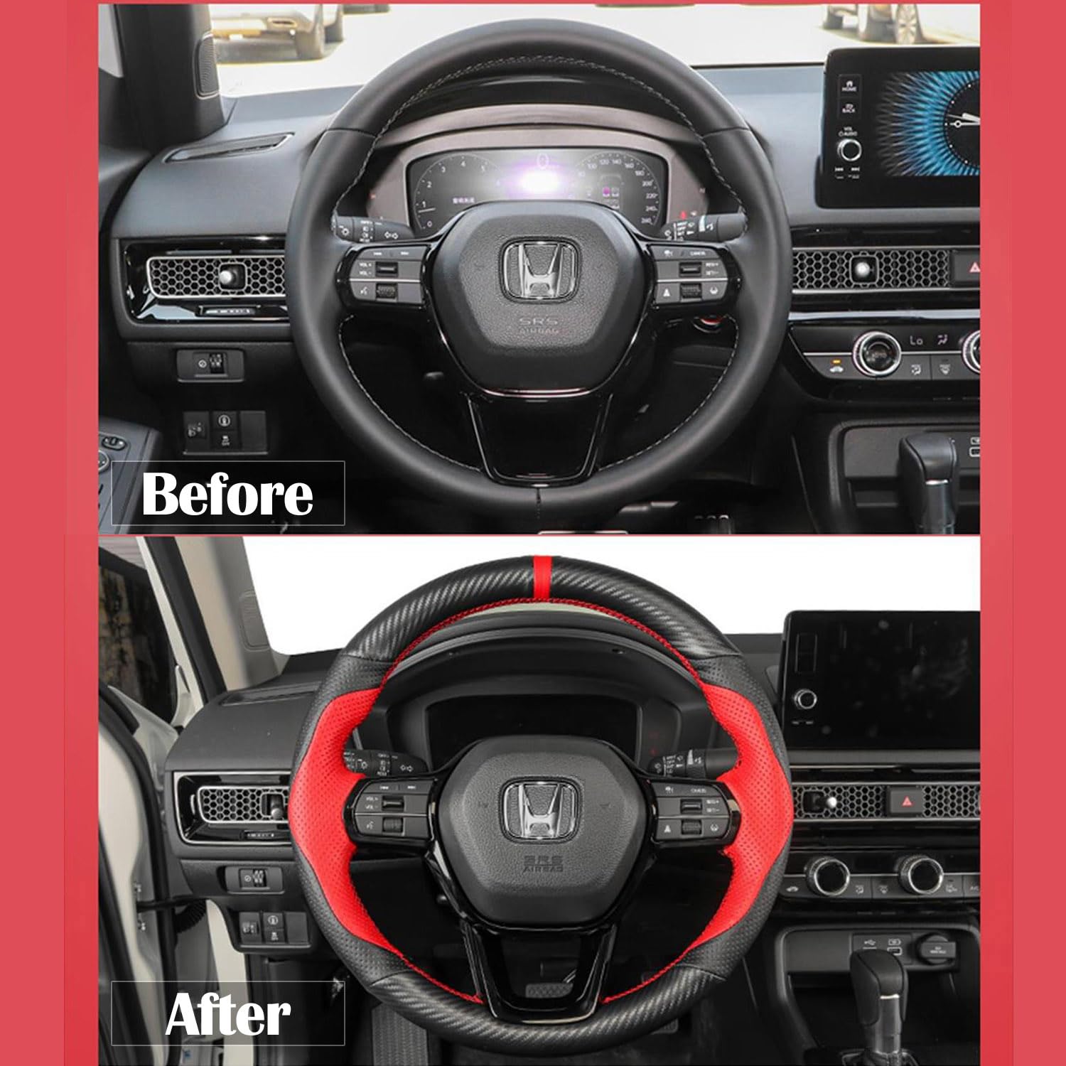 Premium Hand-Stitched Steering Wheel Cover for 2022 Honda Civic 11th Gen - Red Perforated Leather & Matte Black Carbon Fiber - Custom Fit Steering Wheel Protector for Enhanced Grip & Luxury Interior Upgrade - Perfect for Daily Commute & Long Road Trips