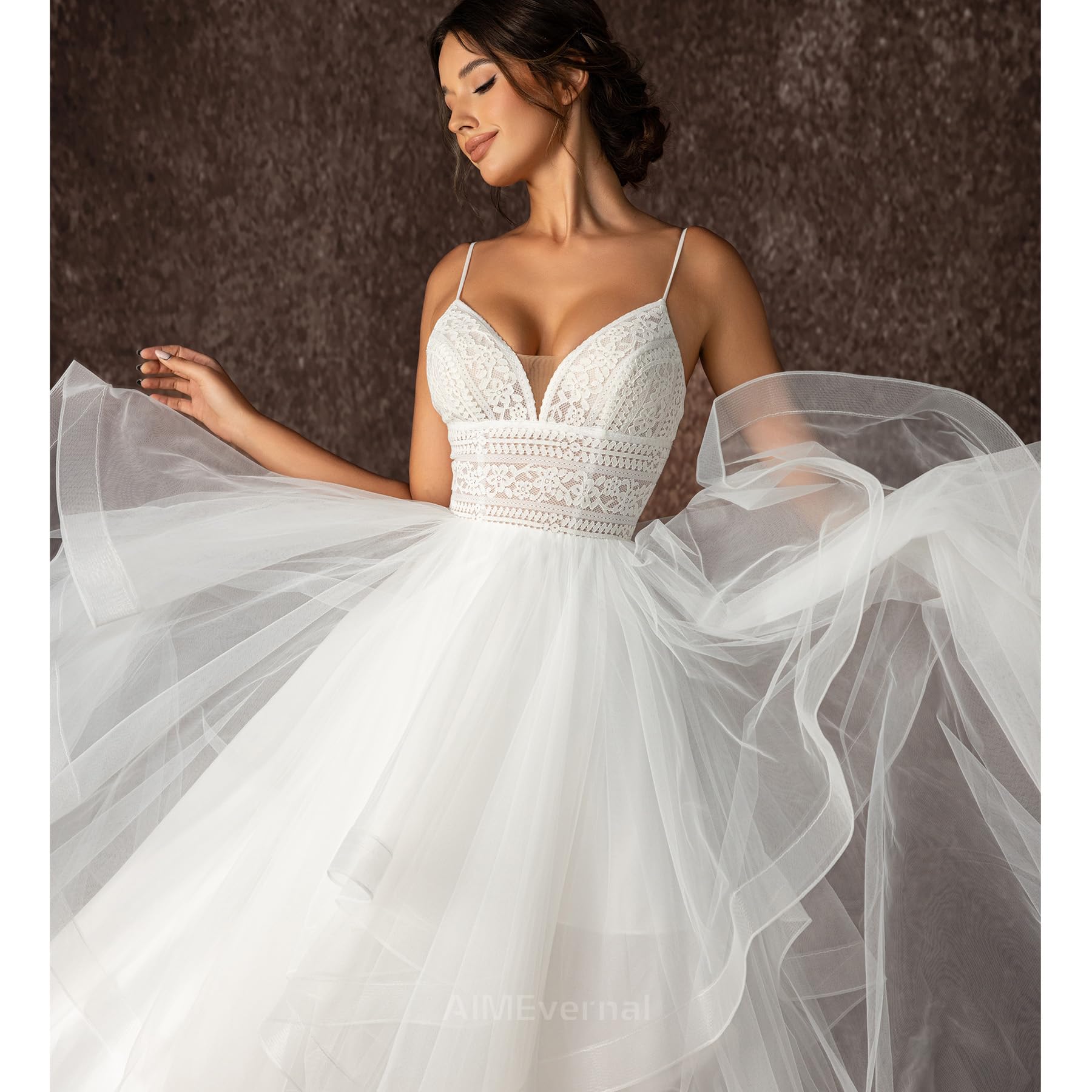 Boho Tiered Tulle Wedding Dress for Women - V Neck Slip Dress with Adjustable Straps | Sexy Beach Bridal Gown for Destination Weddings & Outdoor Ceremonies