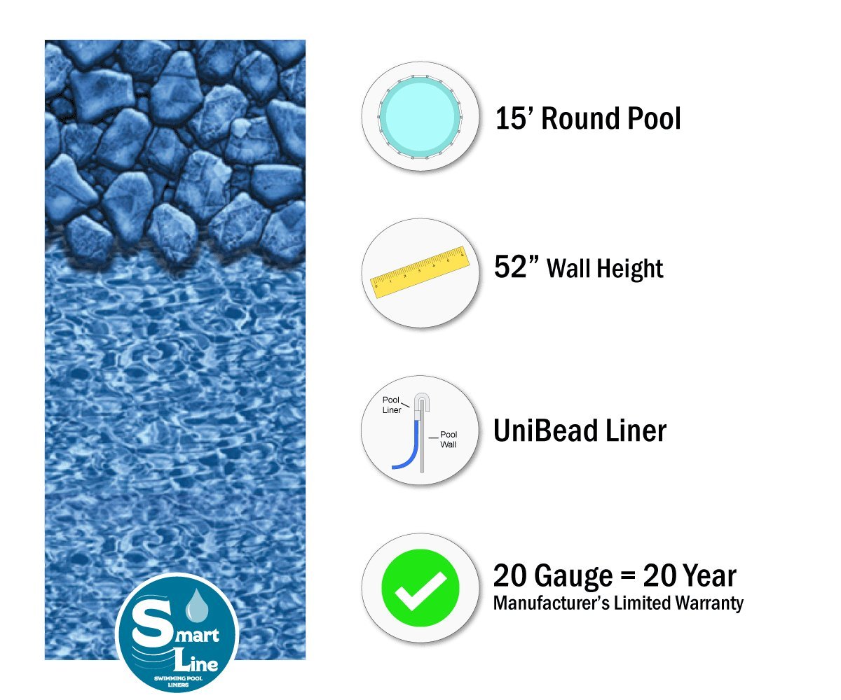 Smartline Boulder Swirl 15-Foot Round Pool Liner - UniBead Style 52-Inch Wall Height | 20 Gauge Durable Virgin Vinyl for Steel Sided Above Ground Swimming Pools | Includes Universal Gasket Kit | Perfect for Backyard Summer Fun & Family Pool Parties