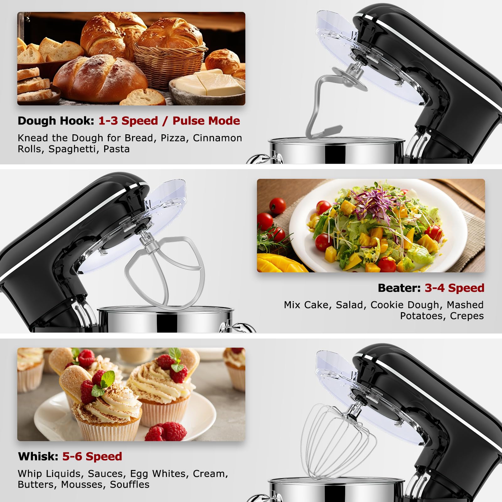 8.5Qt 660W Stand Mixer - 6-Speed Tilt-Head Electric Kitchen Mixer with Dough Hook, Whisk & Beater Attachments - Perfect for Baking Bread, Cookies, Cakes & Kneading Dough - Ideal for Home Bakers & Professional Kitchens