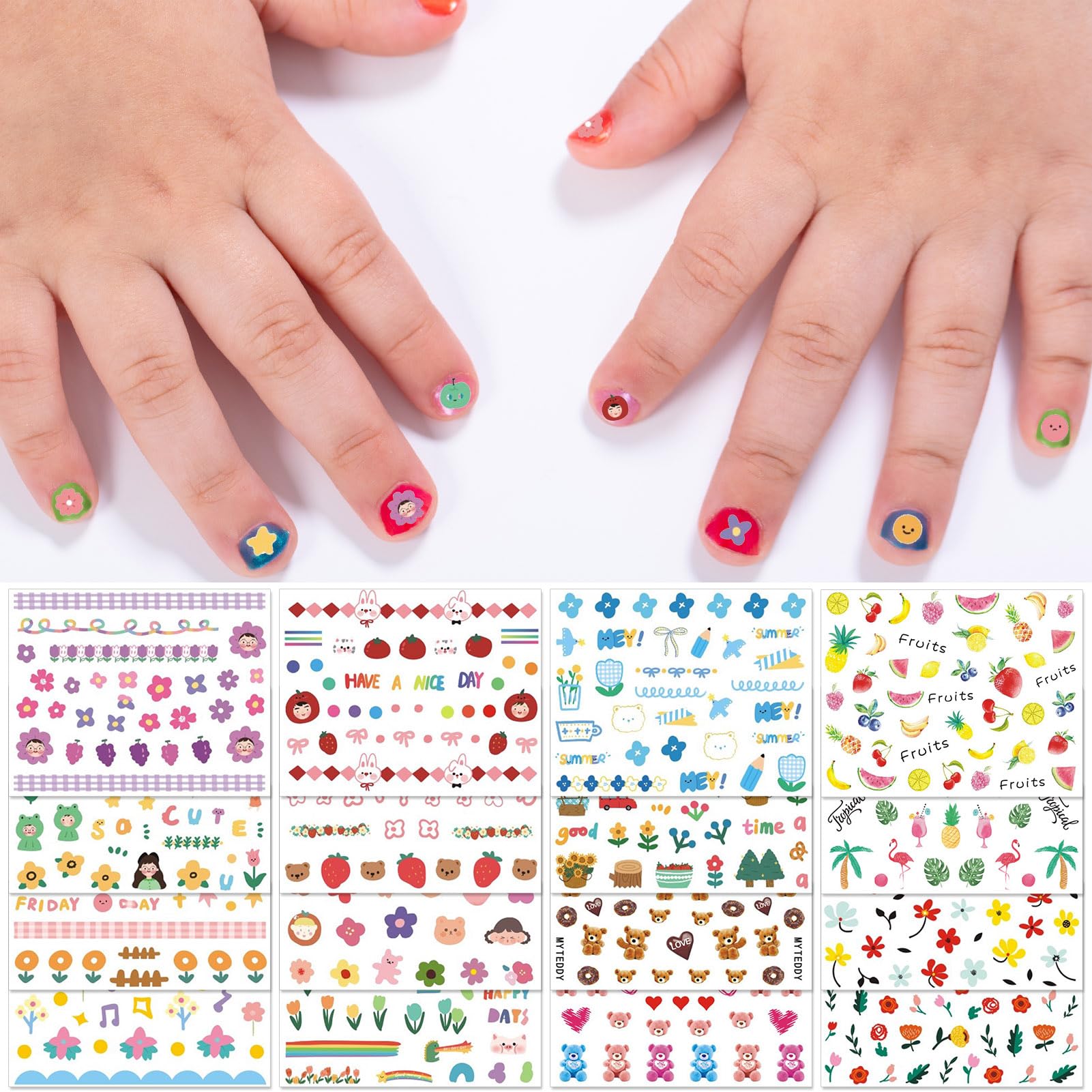 16 Sheets Kids Nail Stickers - Cute 3D Self-Adhesive Nail Art Decals with Flowers, Leaves, Animals & Fruits Designs for Girls & Toddlers | DIY Manicure for Parties, Playdates & Dress-Up Fun