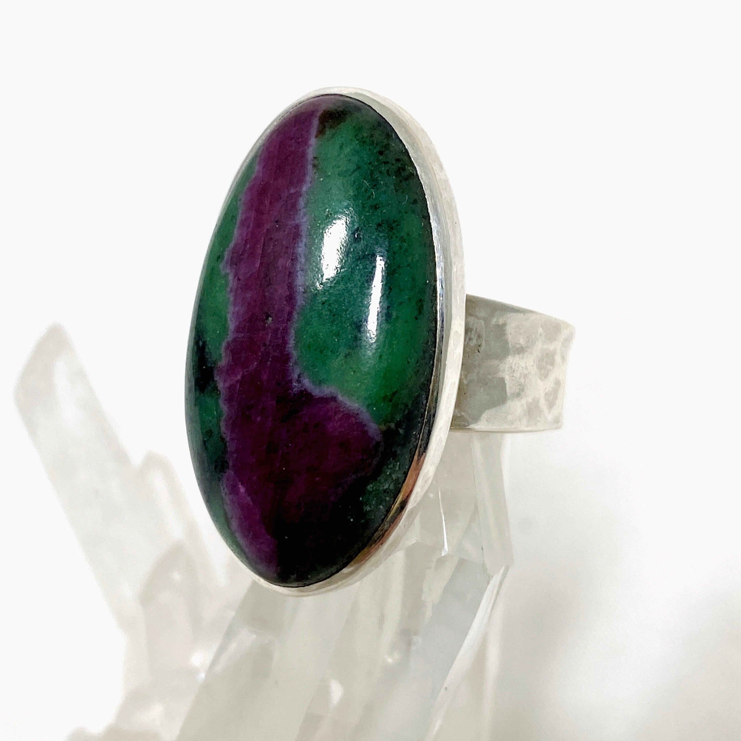 Natural Ruby in Zoisite Oval Ring with Hammered Band - Size 8 Sterling Silver Jewelry KRGJ3251 | Elegant Gift for Women, Perfect for Weddings & Special Occasions