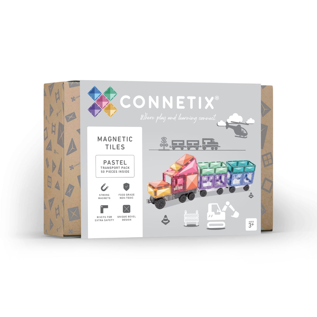 Connetix Magnetic Tiles Pastel Transport Set - 50 Piece STEM Educational Building Toys for Kids | Perfect for Preschool Learning, Creative Play & Sensory Development Activities