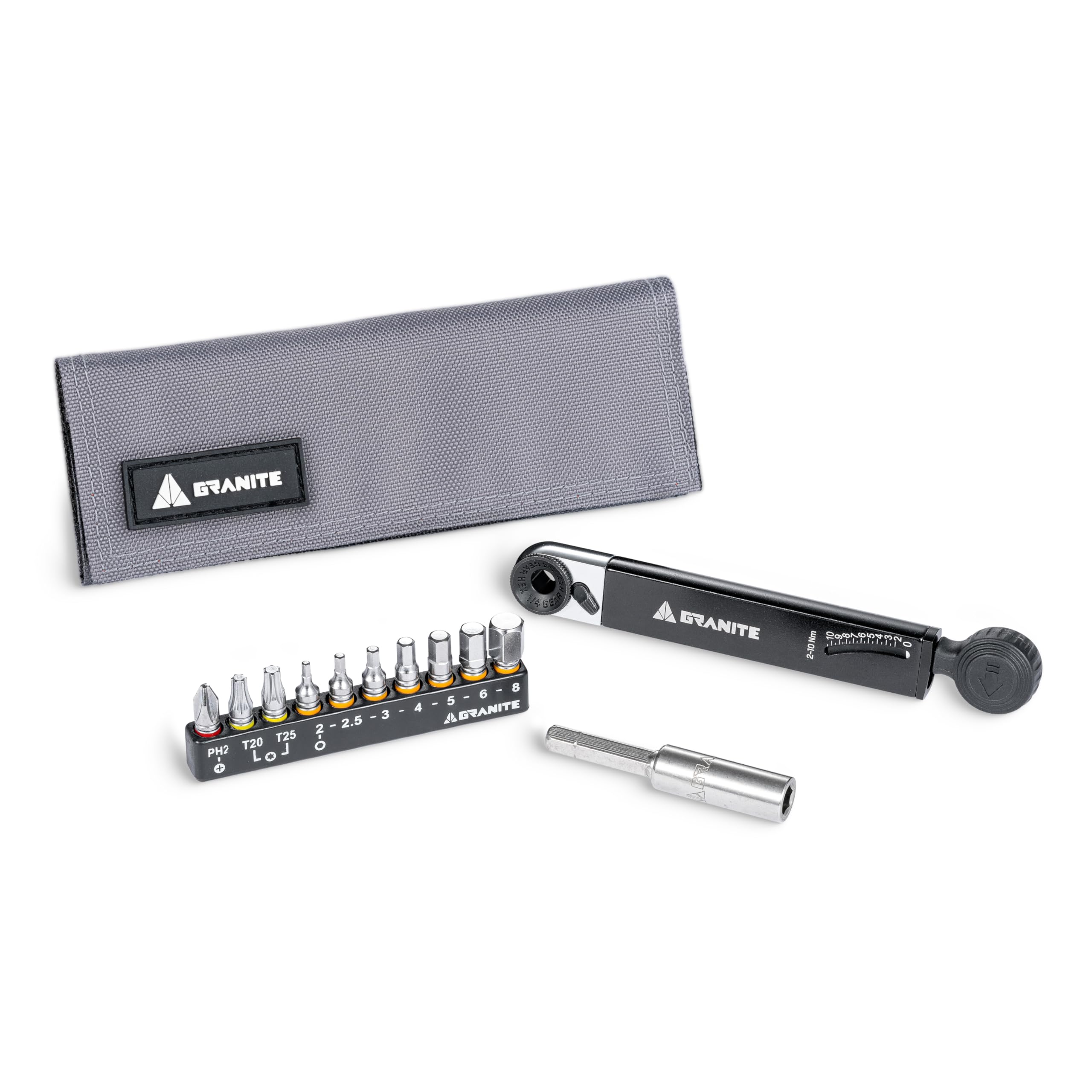 Granite Rocknroll TQ Torque Ratchet Bike Tool Kit - 10-in-1 Multitool with Extension Rod for Mountain, Road & Gravel Bikes | Portable Torque Wrench for On-the-Go Repairs & Maintenance (Grey)