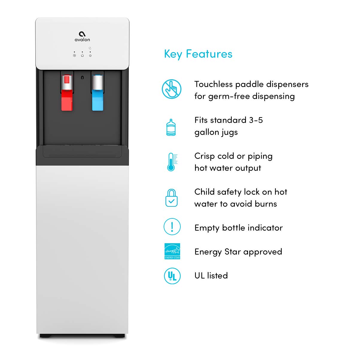 Avalon Bottom Loading Water Cooler Dispenser with Hot & Cold Water - Child Safety Lock, Slim Space-Saving Design for Home & Office - Compatible with 3 & 5 Gallon Bottles - UL Certified White - Perfect for Kitchens, Break Rooms and Dormitories