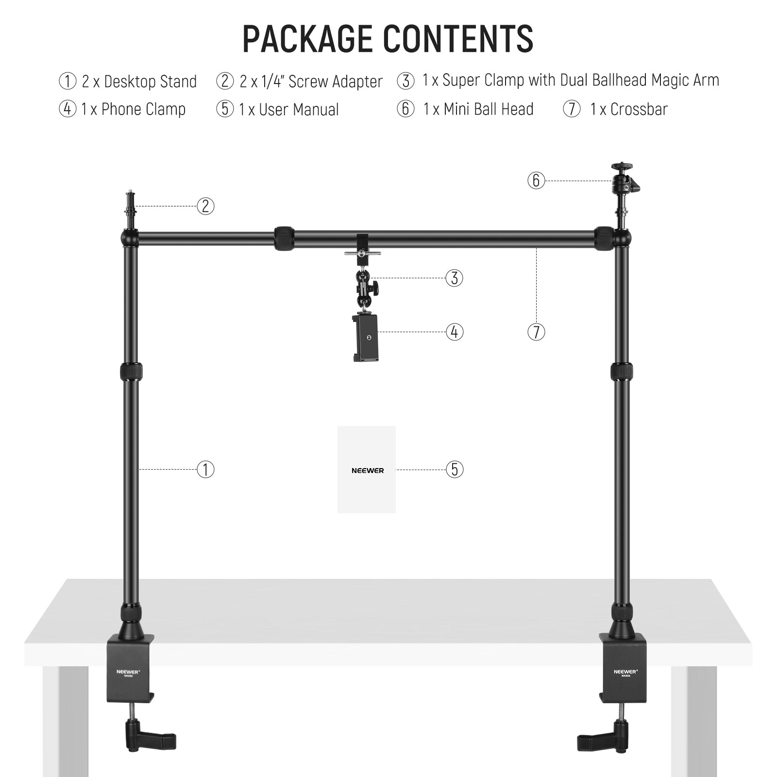 NEEWER NK002 Overhead Camera Mount Rig - Adjustable 360° Swivel Arm for DSLR, Mirrorless, and Smartphone - Perfect for YouTube, TikTok, and Product Photography