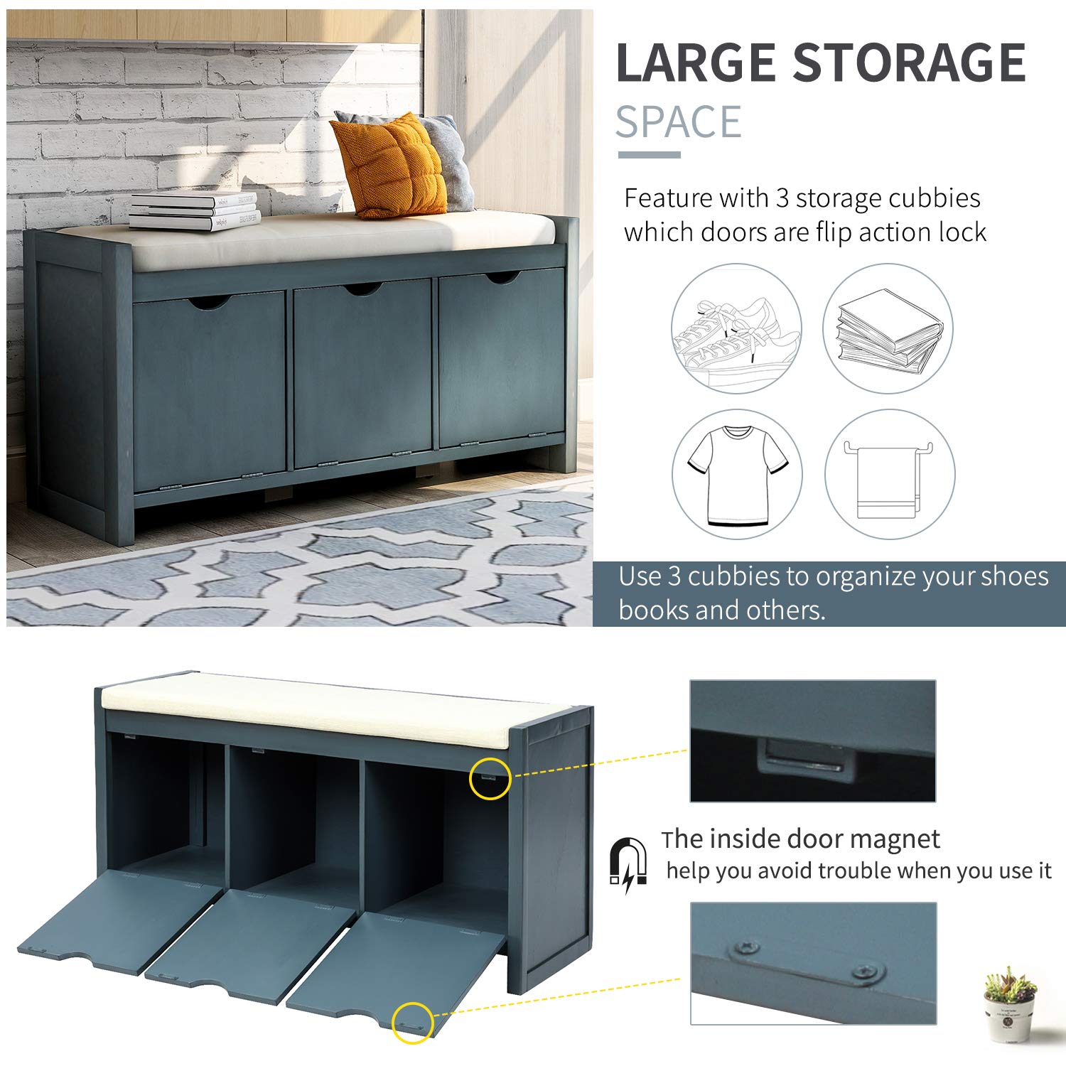 Storage Bench with Removable Cushion & 3 Flip-Up Compartments - Entryway Organizer for Shoes & Accessories | Hallway Seating Solution | Antique Navy Home Decor