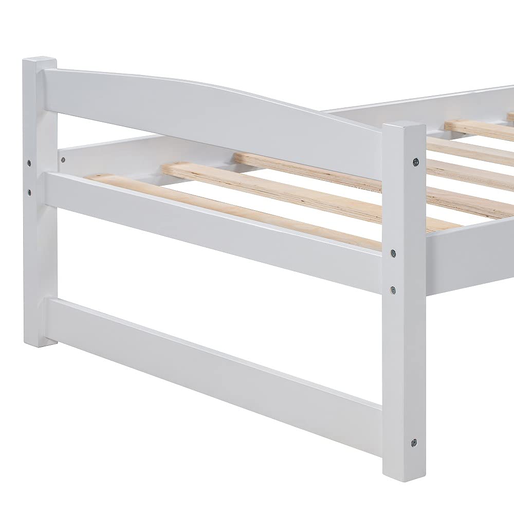 White Twin Bed with Trundle - Solid Wood Bed Frame & Daybed with Sturdy Wood Slat Support | Perfect for Guest Rooms, Kids' Bedrooms & Small Spaces
