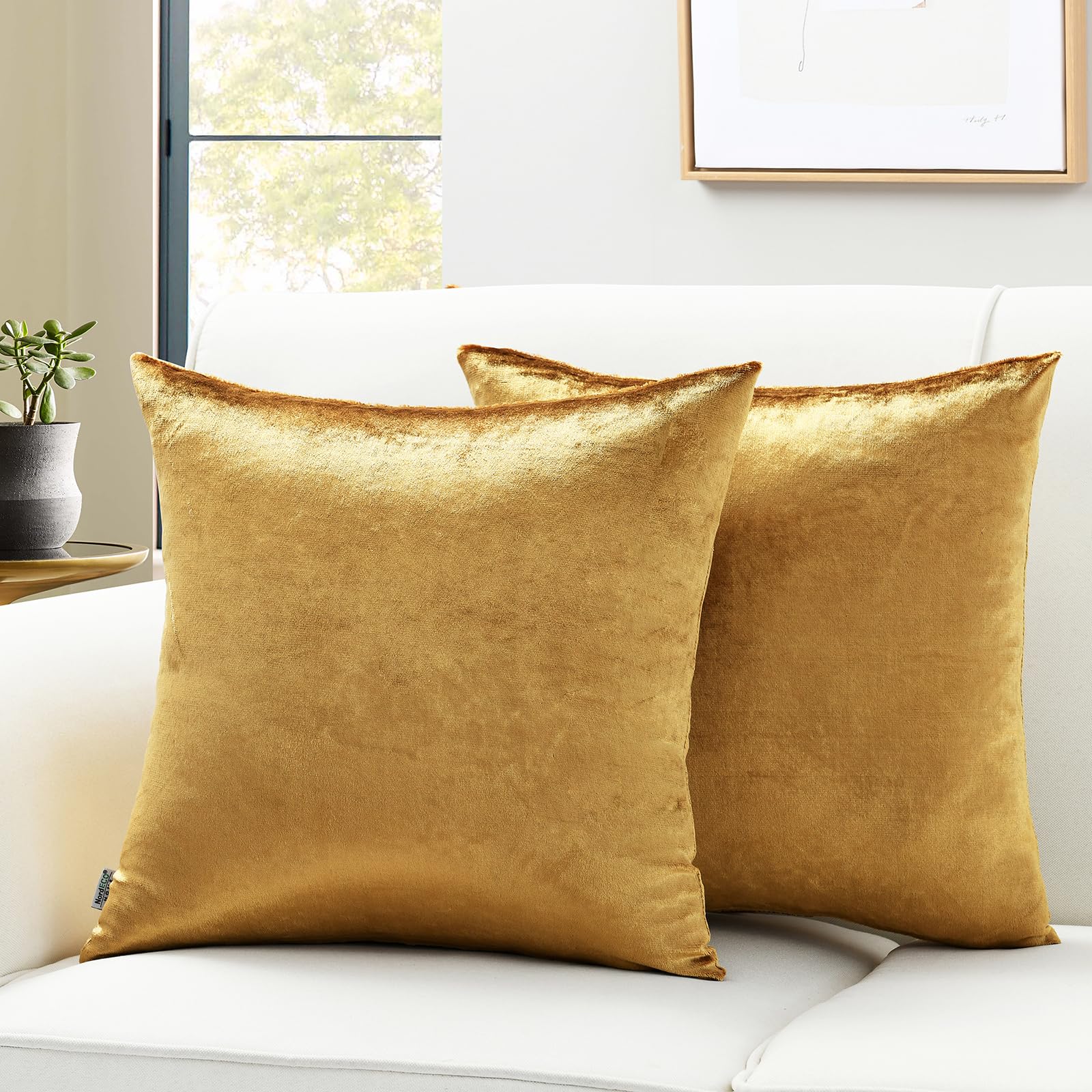 NordECO HOME Soft Velvet Decorative Throw Pillow Covers Set of 2 - 16x16 Inch Gold Cushion Covers for Bed, Sofa, Car & Home Decor | Luxury Living Room Accent Pillows & Cozy Bedroom Decor
