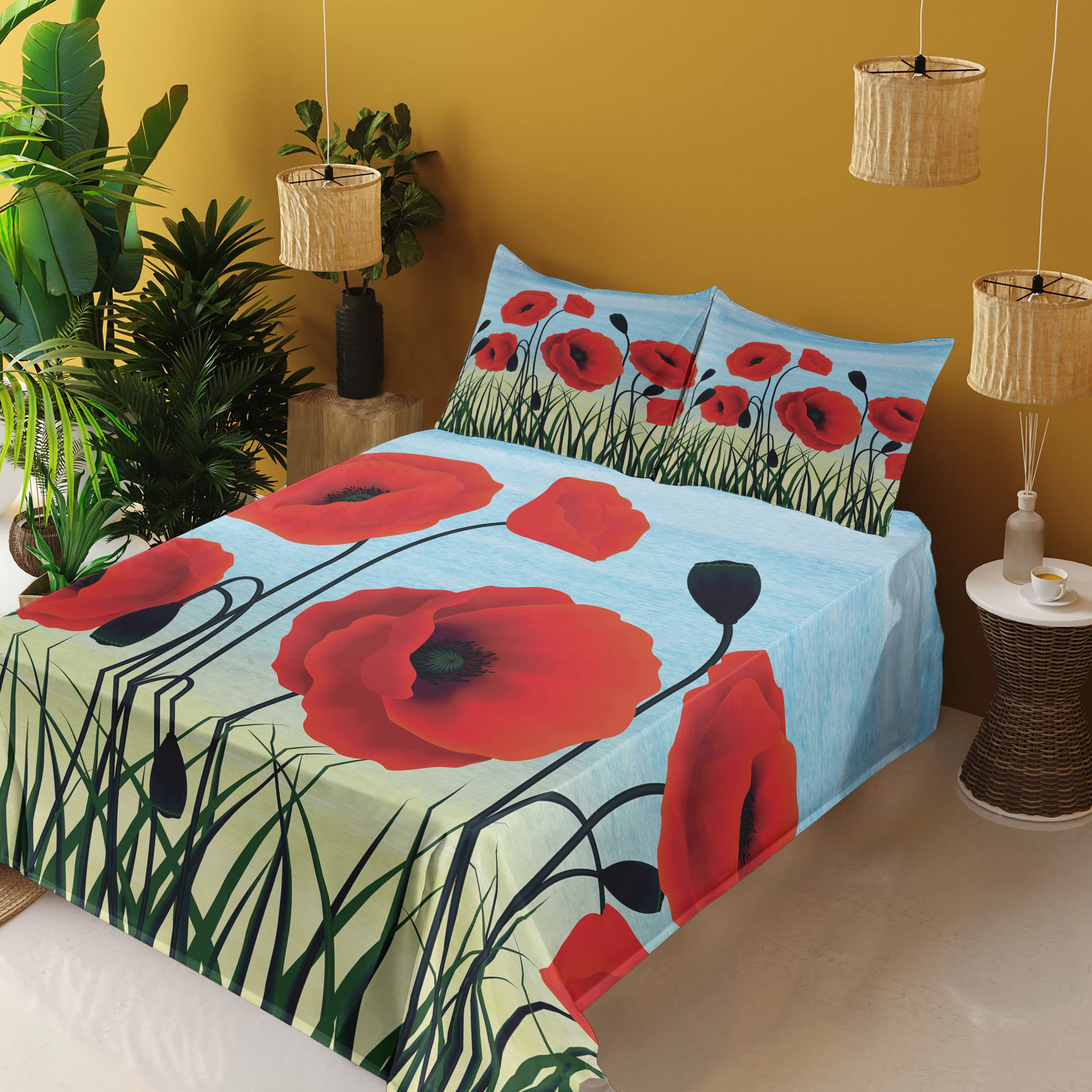 Ambesonne Poppy Flower Bed Sheet Set - 4 Piece King Size with Digitally Printed Floral Design, Grass & Fields Pattern - Fitted Sheet, Flat Sheet & 2 Pillowcases in Vermilion Charcoal Grey - Perfect for Master Bedroom, Guest Room & Vacation Home Decor