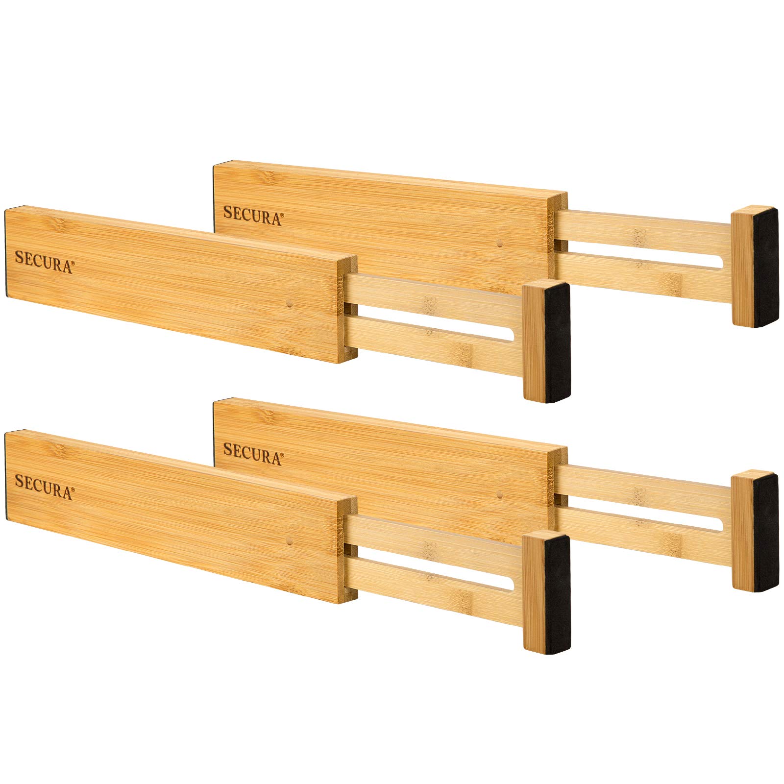 Secura 4-Pack Adjustable Bamboo Drawer Organizers - Expandable from 12 to 17.1 Inches for Kitchen Utensils, Office Supplies, Bathroom Essentials & Closet Storage | Perfect for Dresser, Vanity & Home Organization