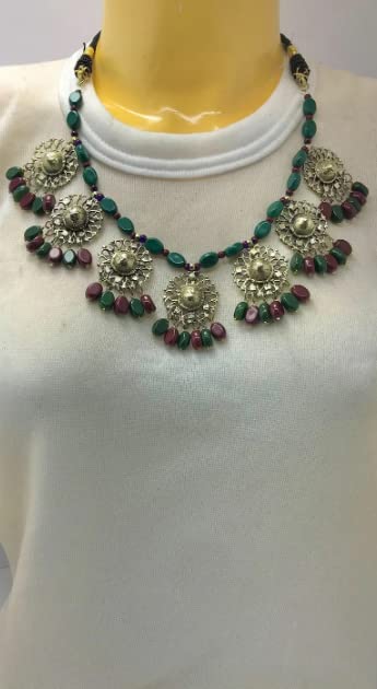Handmade Beaded Stone Motifs Choker Necklace with Matching Earrings Set | Traditional Afghani Jewelry | Perfect for Weddings, Parties & Ethnic Fashion